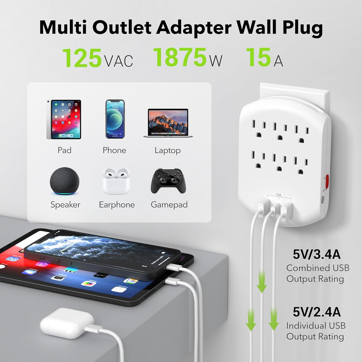 USB Multi Plug Outlet Wall Charger With Auto Sensor LED Night Light, 6 Outlets 3 USB Charging Ports Bn-link - BN-LINK