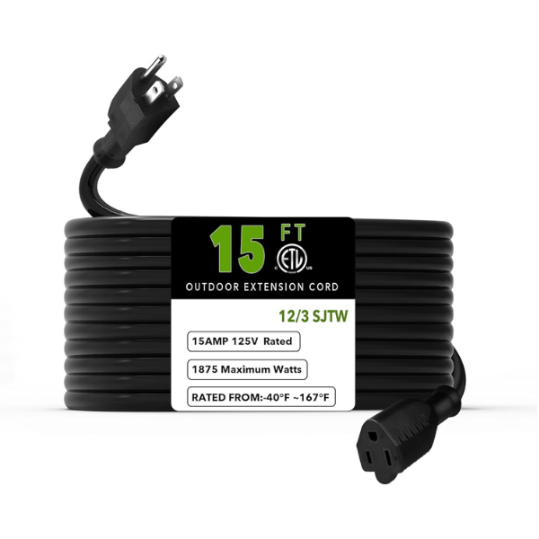 15ft Waterproof Outdoor Extension Cord 12/3 SJTW Heavy Duty Power Blac