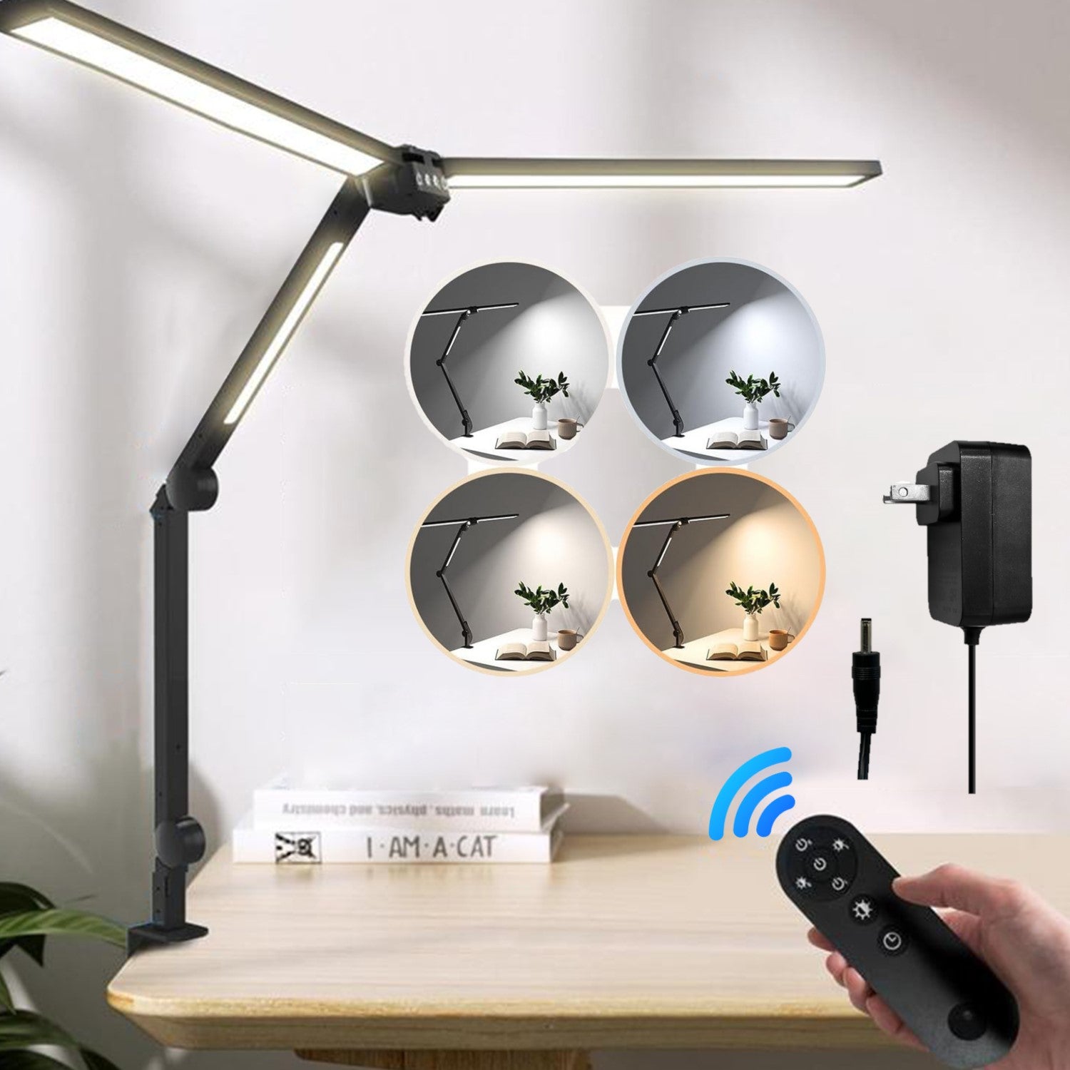 LED 3 Heads Desk Lamp With Remote Control, 360°Adjustable Tall Desk Lights With Clamp, 5 Brightness Modes & 4 Colors Bn-link