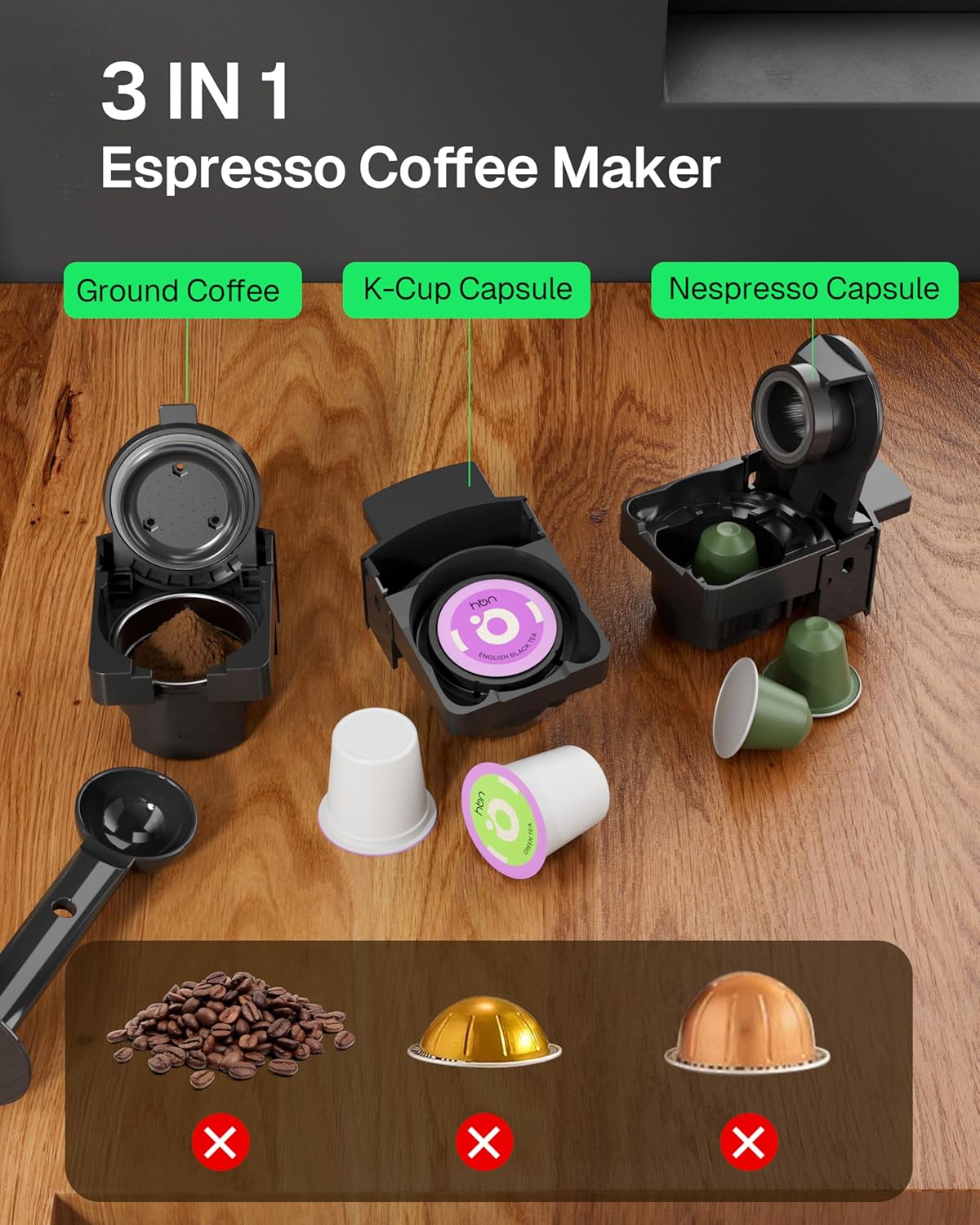3-in-1 Multi Coffee Maker Single Serve, for K-Cup Pods & Ground Coffee, Programmable One-Touch Brewing Machine, 0.6L Removable Water Tank, 19Bar, Fast Heat, Energy Saving HBN - BN-LINK
