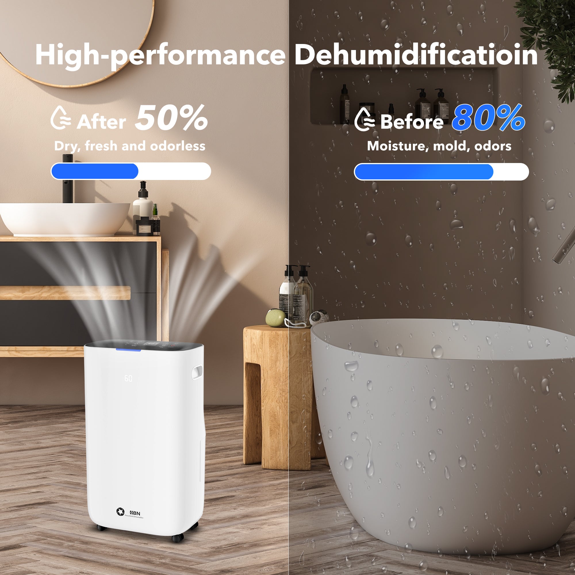4500 Sq.Ft Smart Dehumidifier for Home, Max 80 Pint/D(Standard 53 Pint/D) Efficient Dehumidifier with Drain Hose, Intelligent Humidity, Timer, 1.72-Gallon Water Tank, for Basement, Bedroom, Bathroom Bn-link