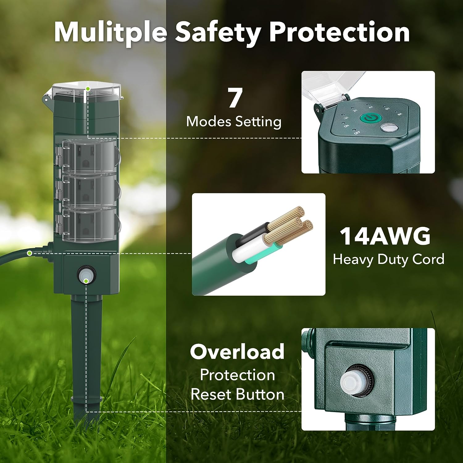 Outdoor Photocell Power Strip Yard Stake 6 Grounded Outlets Waterproof (2, 4, 6, 8 Hour) HBN - BN-LINK