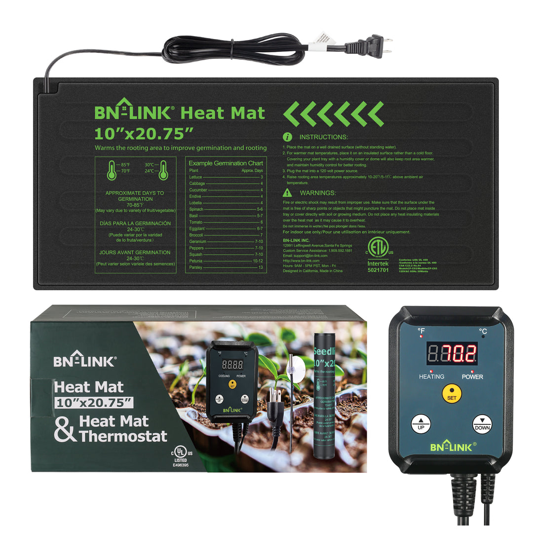 Durable Seedling Heat Mat Heating Pad 10" x 20.75" with Digital Thermostat Set - BN-LINK