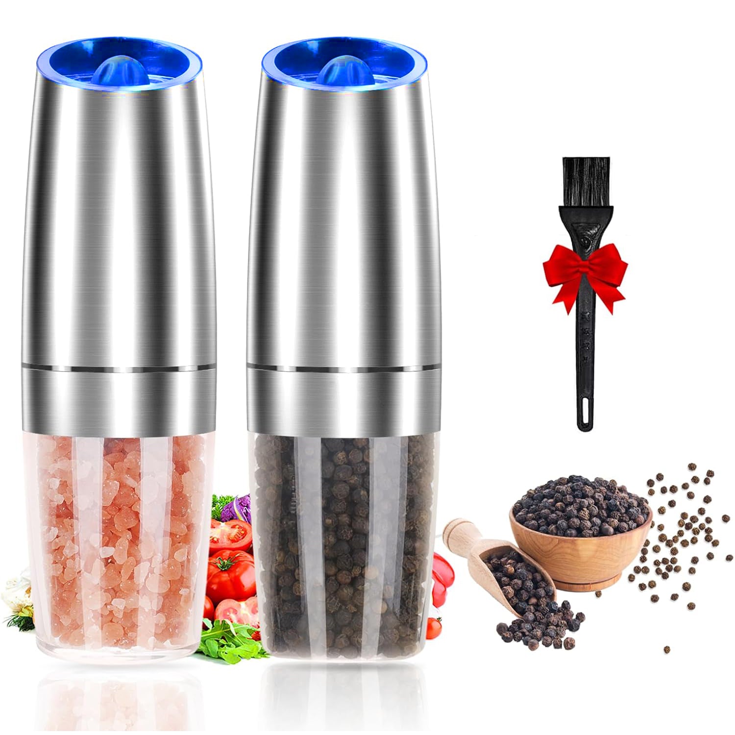 2 Pack Stainless steel Electric Salt and Pepper Grinder Set, Automatic Gravity Salt and Pepper Mill with Adjustable Coarseness, Battery Powered with LED Light Bn-link
