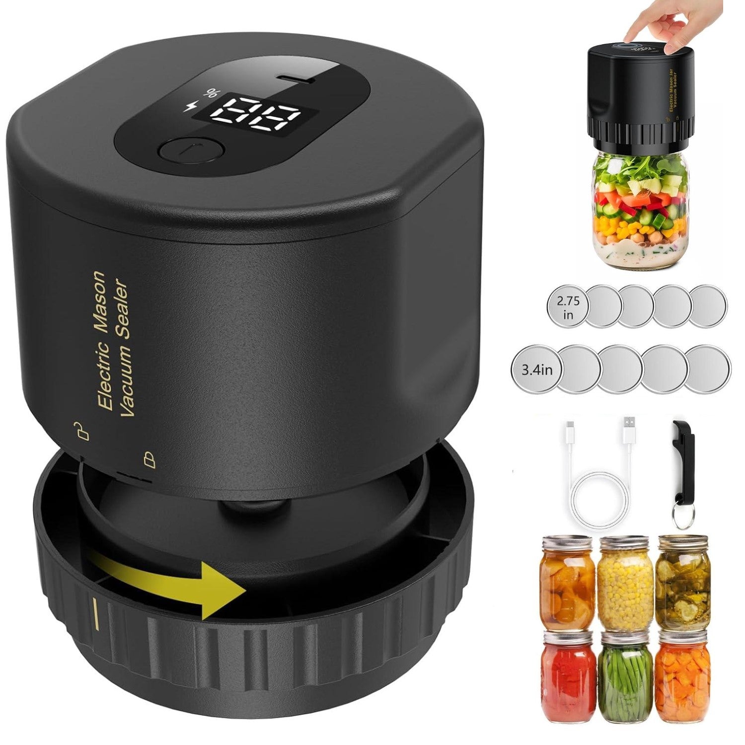 BN-LINK Electric Mason Jar Vacuum Sealer with 10 Pack Lids, Automatic Wide Mouth and Regular Mouth Mason Jar Sealer Kit, Jar Vacuum Sealer for Food Storage and Fermentation