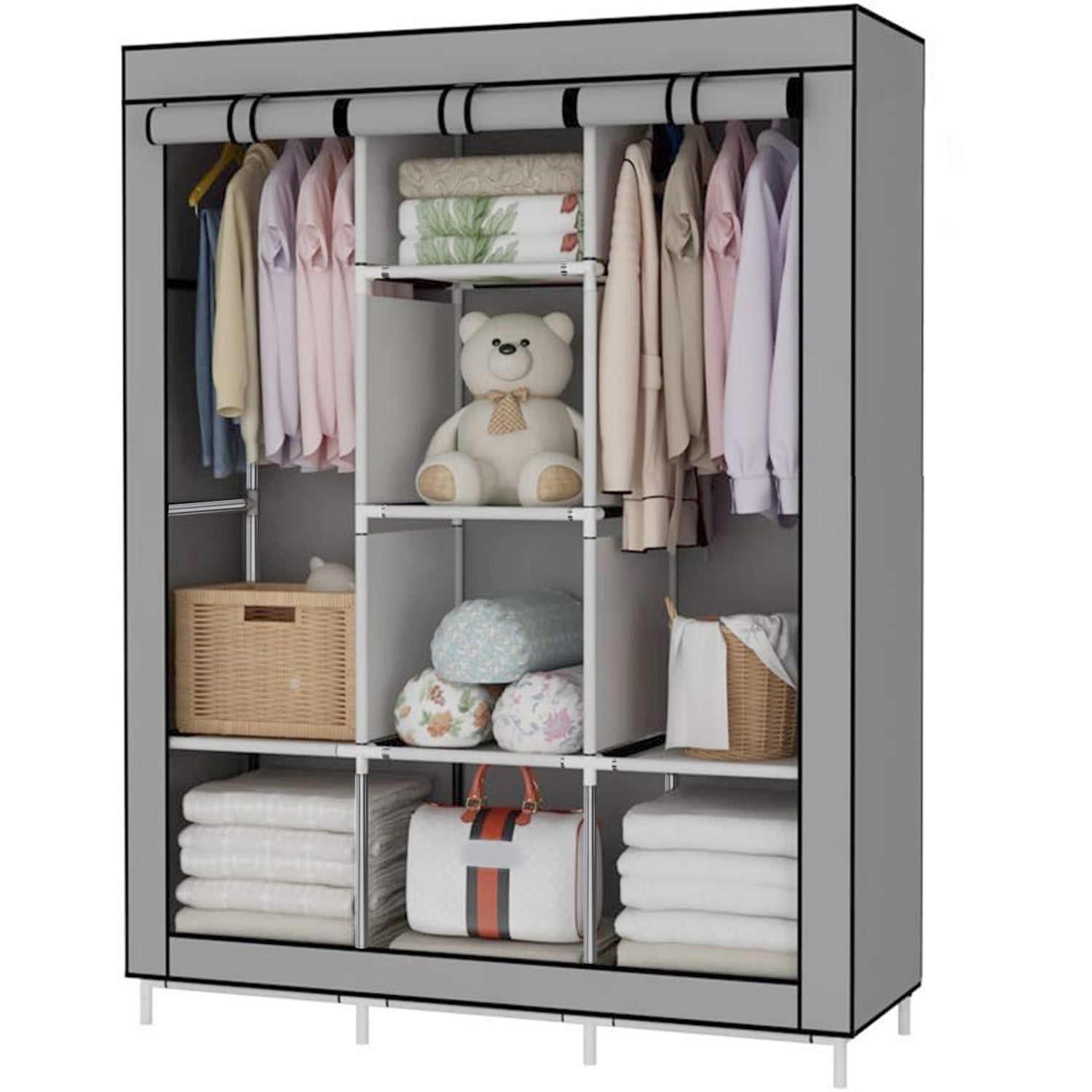 Portable Closet Wardrobe, Wardrobe Closet Organizer With Non-Woven Fabric Cover, 8 Compartments, Large Clothes Storage Organizer, 51.2x 17.7 x 67 Inches, Gray Bn-link