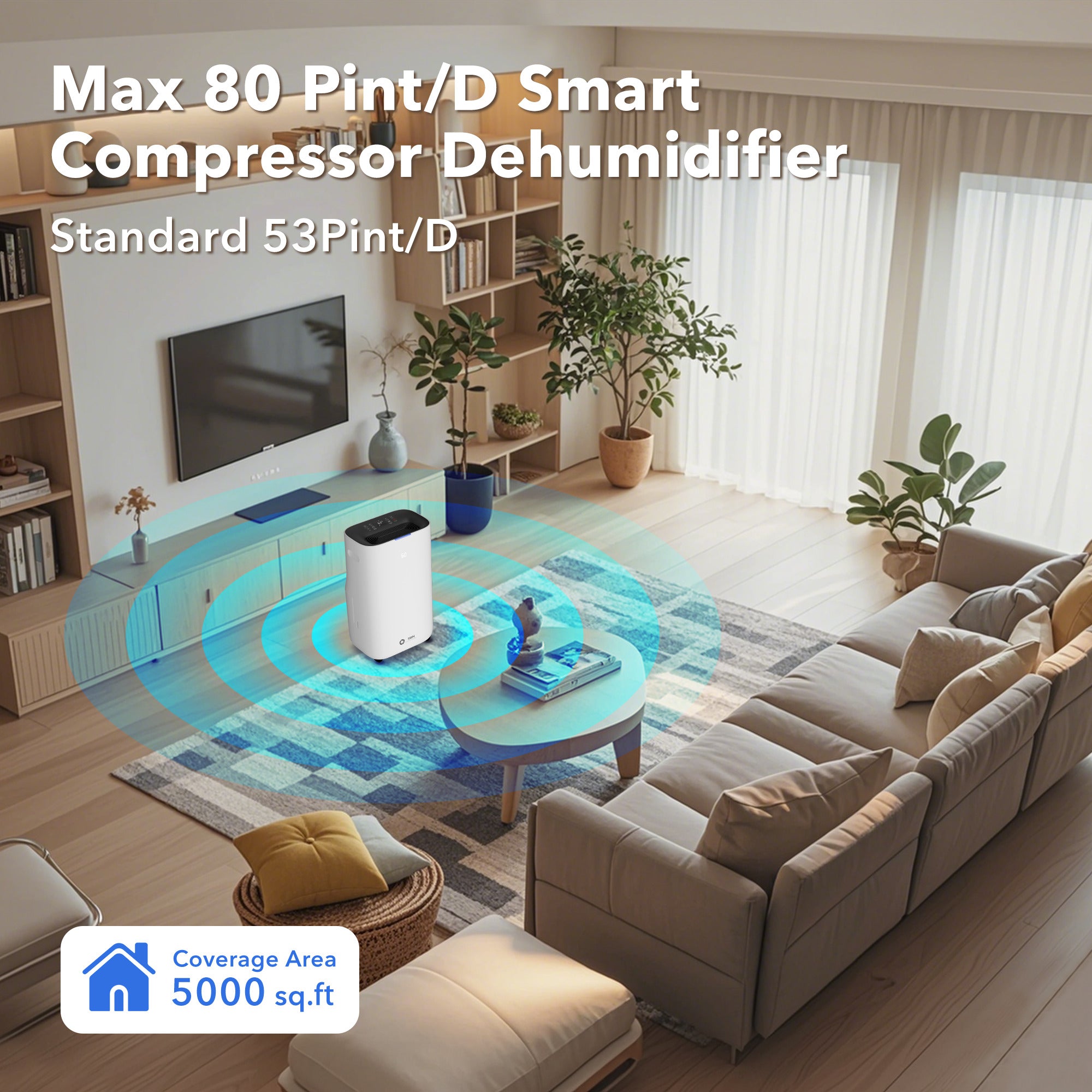 4500 Sq.Ft Smart Dehumidifier for Home, Max 80 Pint/D(Standard 53 Pint/D) Efficient Dehumidifier with Drain Hose, Intelligent Humidity, Timer, 1.72-Gallon Water Tank, for Basement, Bedroom, Bathroom Bn-link
