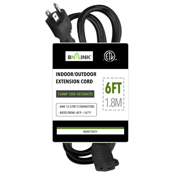 6ft Waterproof Outdoor Extension Cord 12/3 SJTW Heavy Duty Power Black Cord Bn-link - BN-LINK