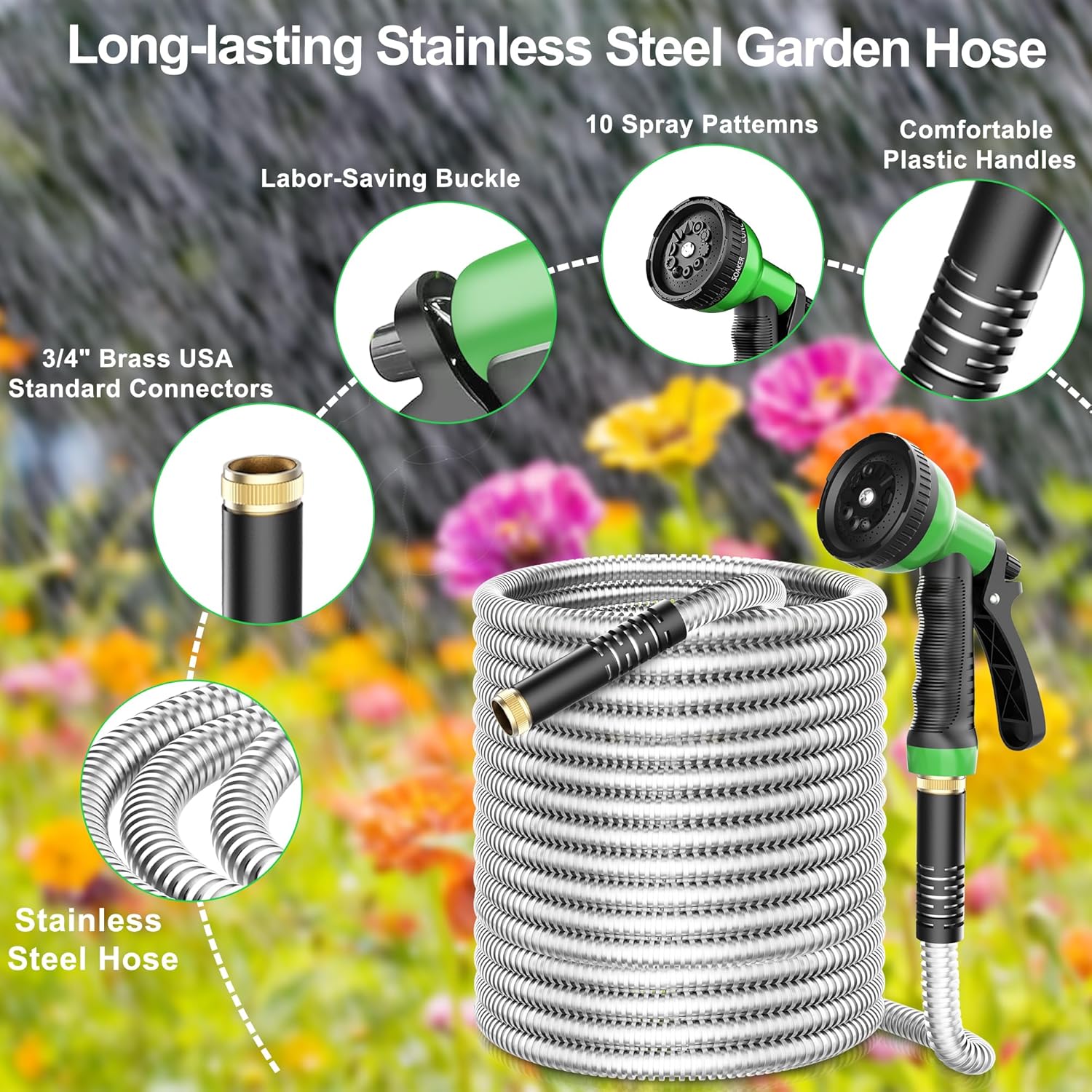 Garden Hose 50FT/75FT, 10 Pattern Thumb Spray Nozzle, No-Kink Flexible Stainless Steel Water Hose, Lightweight Leak & Rust Proof Water Hose for Yard, Outdoor, 3/4" Swivel Connectors BN-LINK