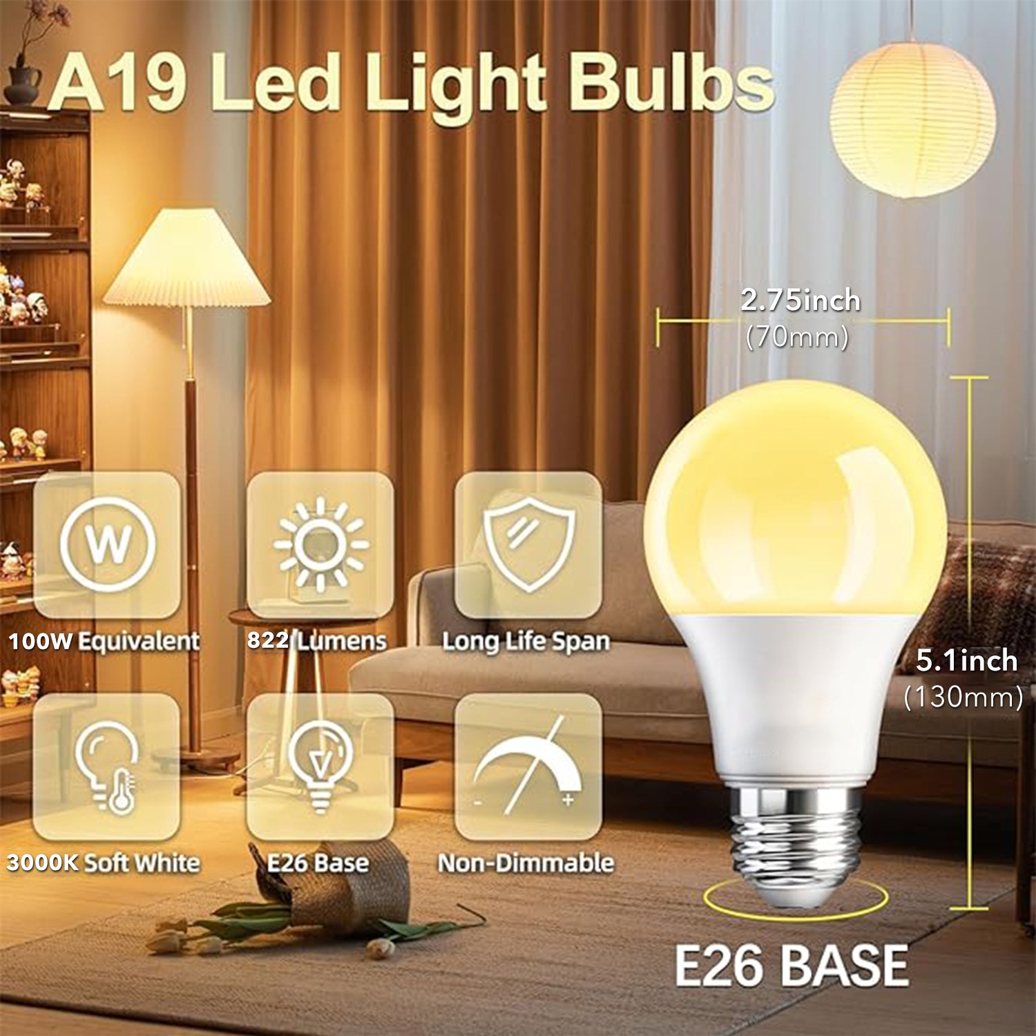 E26 Base 8 Pack A19 LED Light Bulbs, Energy Efficient 12W(100 Watt Equivalent) Bn-link