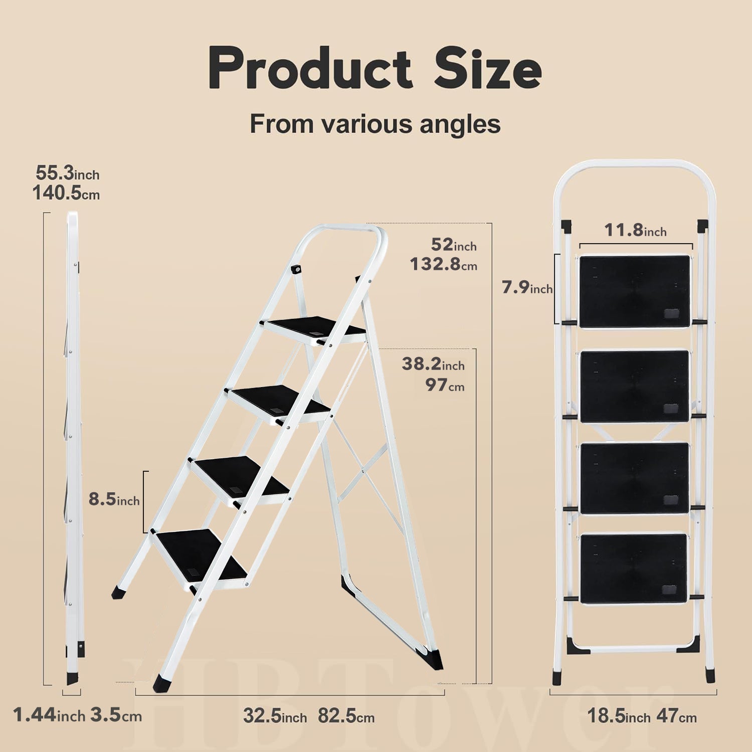 3&4 Step Ladder, Folding Step Stool with Wide Anti-Slip Pedal, Portable Sturdy Iron Ladder with Handrails for Home, Office, Library, 330 lbs Capacity Bn-link