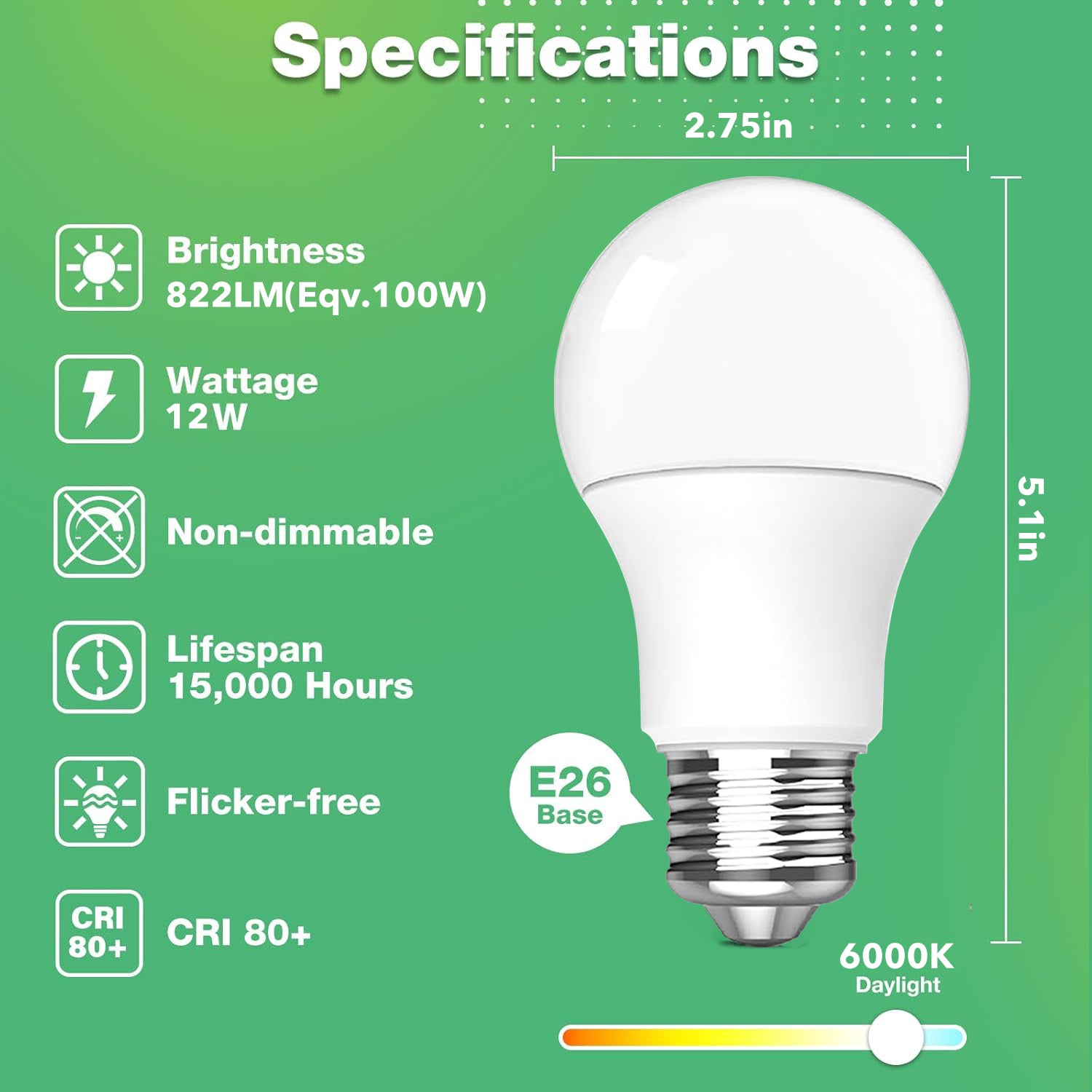 E26 Base 8 Pack A19 LED Light Bulbs, Energy Efficient 12W(100 Watt Equivalent) Bn-link