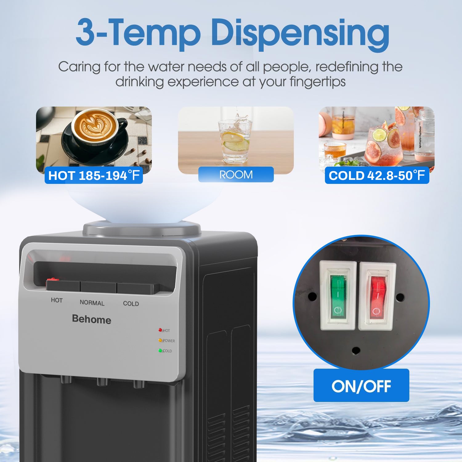 Top Loading Water Cooler Dispenser, 3 Temperature Settings-Hot, Cold & Normal Water, Child Safety Lock, Holds 3 or 5 Gallon Bottles Bn-link