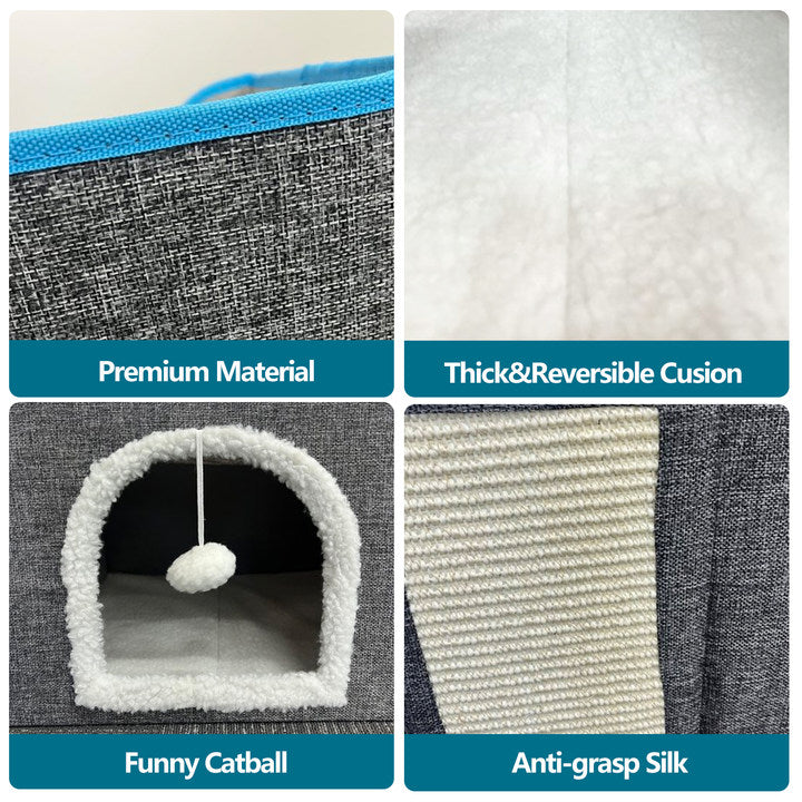 Cat Bed, Cat Cave with Fluffy Ball and Scratch Pad, Foldable Cat Condo Hideaway with Reversible Cushion for Multi Small Pet Bn-link