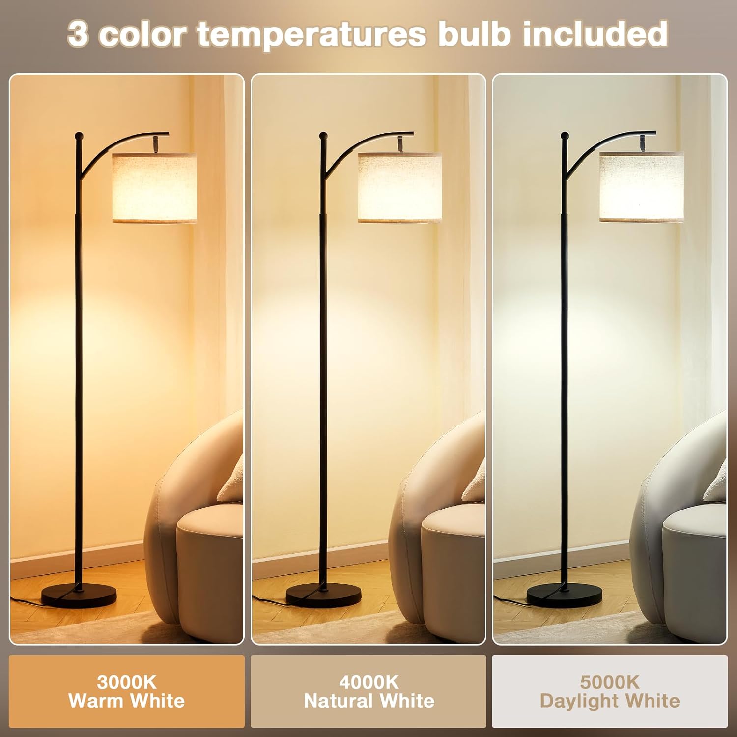 Dimmable Floor Lamp with 3 Color Temperatures, Standing Lamp with Linen Shade & 600 Lumens 9W LED Bulb Included Bn-link