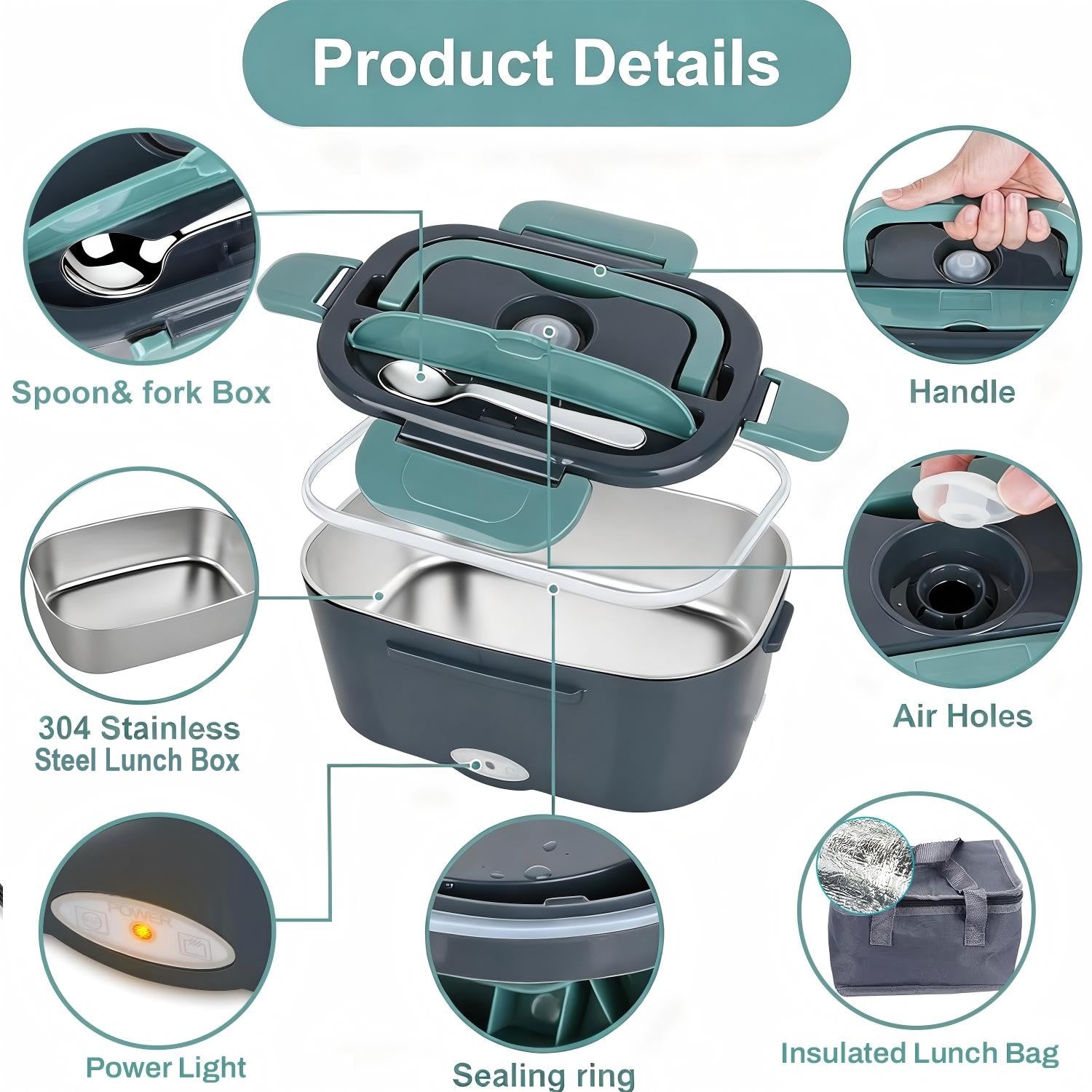 Electric Lunch Box, 3 in 1 Heated Lunch Boxes for Adults, Stainless Steel Food Warmer with 1.5L Container Fork & Spoon, for Work/Car/Truck/Travel Bn-link