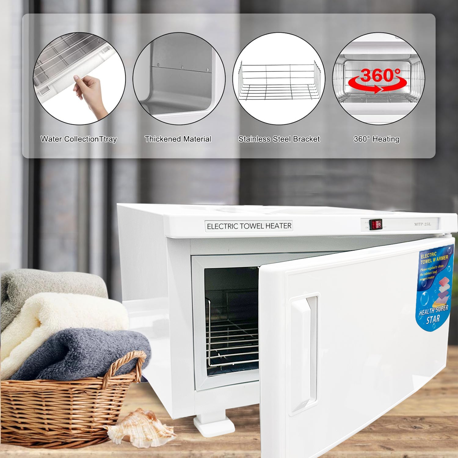 25L Towel Warmer, White Large Hot Bath Towel Warmer Cabinet with Stainless Steel Racks Bn-link