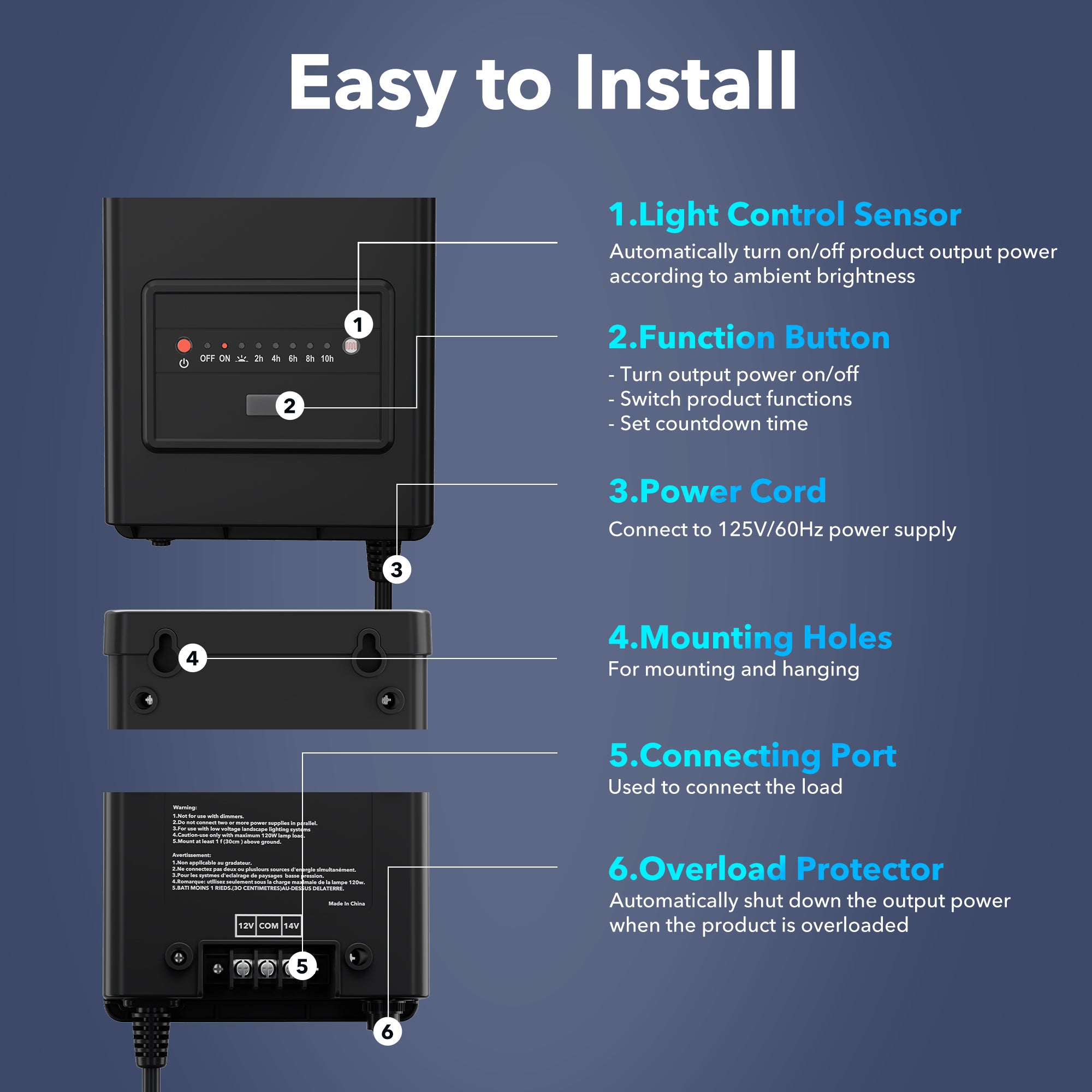 Bn-link 120W Weatherproof Outdoor Transformer for Low Voltage Landscape Lighting, with Timer and Photocell Sensor, 120V AC to 12V AC - BN-LINK