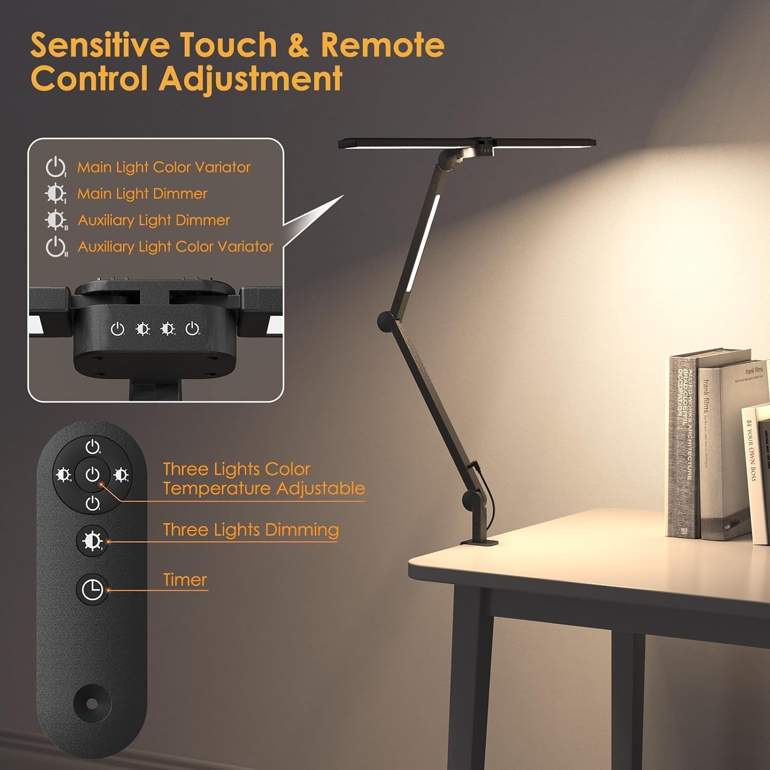 LED 3 Heads Desk Lamp With Remote Control, 360°Adjustable Tall Desk Lights With Clamp, 5 Brightness Modes & 4 Colors Bn-link