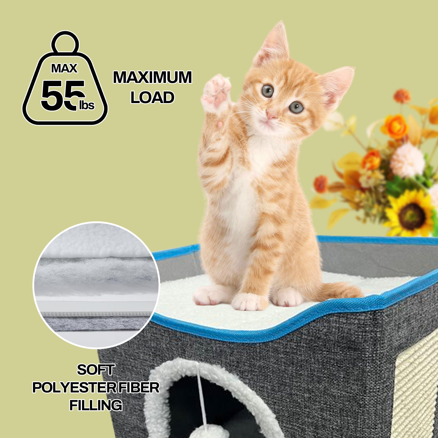 Cat Bed, Cat Cave with Fluffy Ball and Scratch Pad, Foldable Cat Condo Hideaway with Reversible Cushion for Multi Small Pet Bn-link