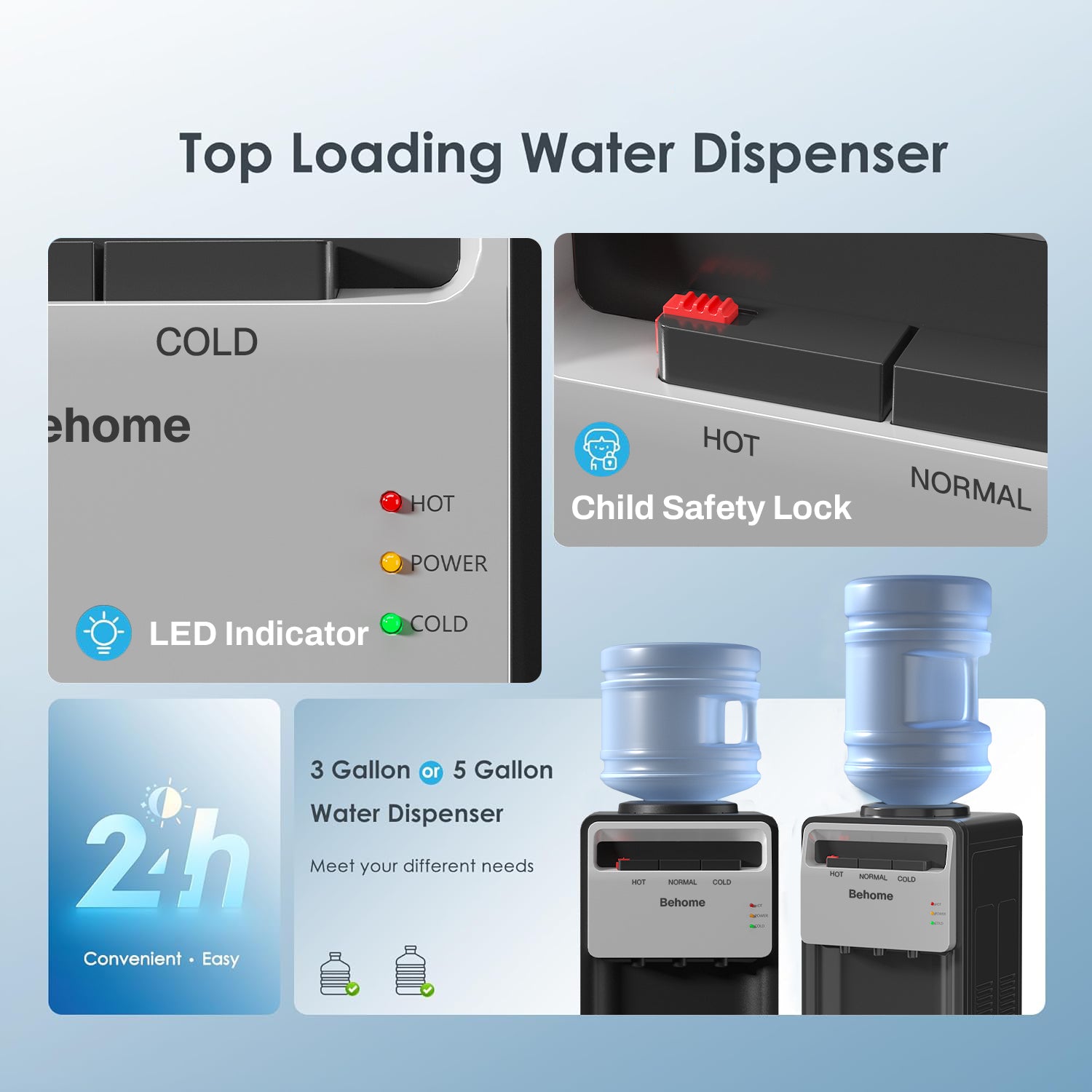 Top Loading Water Cooler Dispenser, 3 Temperature Settings-Hot, Cold & Normal Water, Child Safety Lock, Holds 3 or 5 Gallon Bottles Bn-link