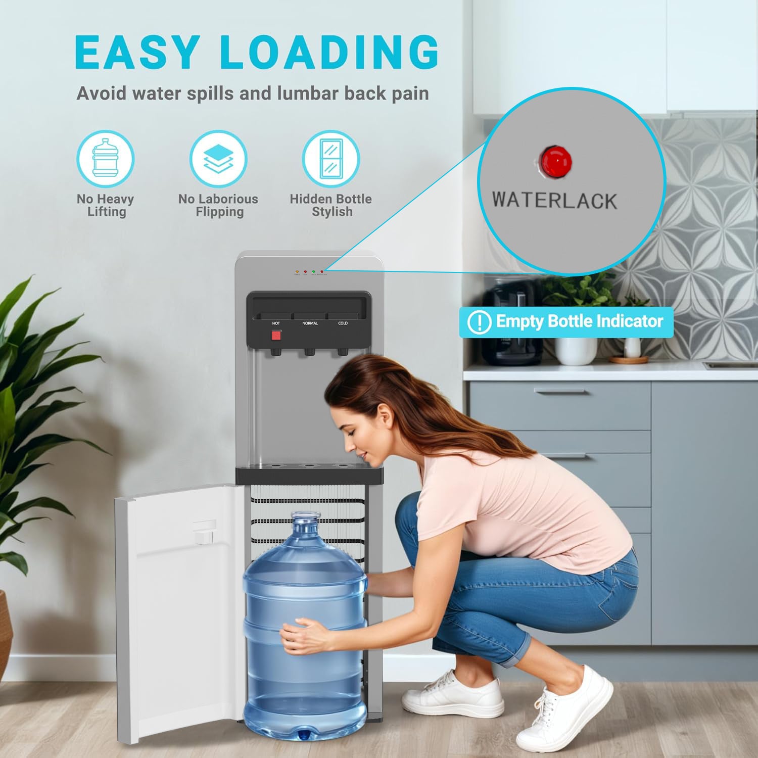 Bottom Load Water Cooler Dispenser with Lack Water Alert, 3 Temperature Settings-Hot, Cold & Room-Temperature Water, Holds Up to 5 Gallon Bottles Bn-link