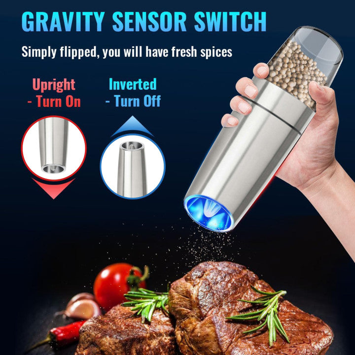 2 Pack Stainless steel Electric Salt and Pepper Grinder Set, Automatic Gravity Salt and Pepper Mill with Adjustable Coarseness, Battery Powered with LED Light Bn-link