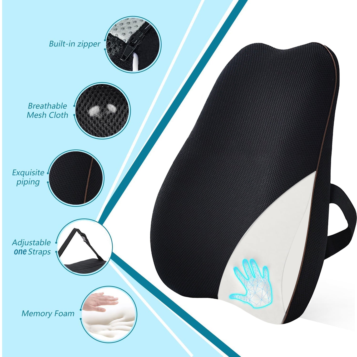 Lumbar Support Pillow For Office Chair and Car Seat, Memory Foam Back Cushion with Adjustable Strap for Back Pain Relief Bn-link