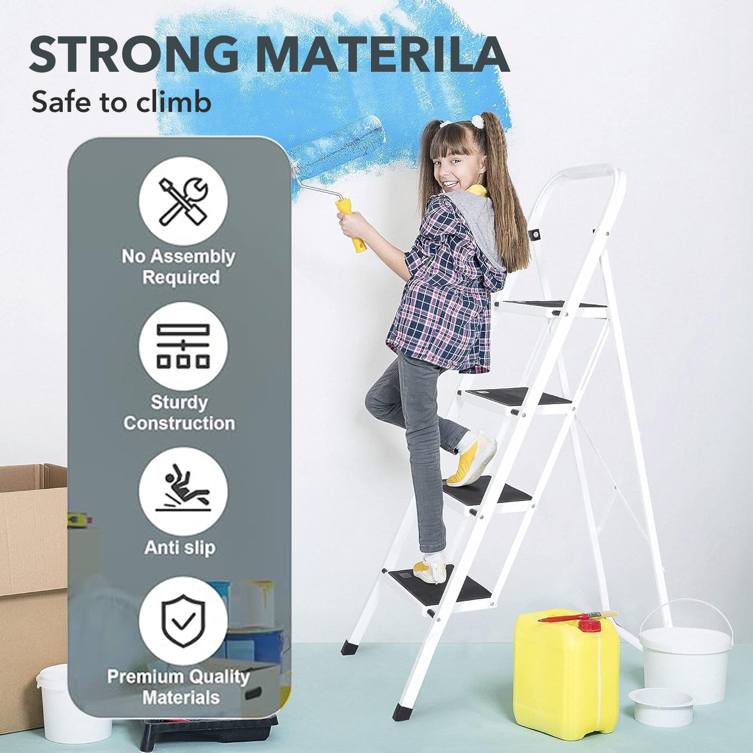 3&4 Step Ladder, Folding Step Stool with Wide Anti-Slip Pedal, Portable Sturdy Iron Ladder with Handrails for Home, Office, Library, 330 lbs Capacity Bn-link