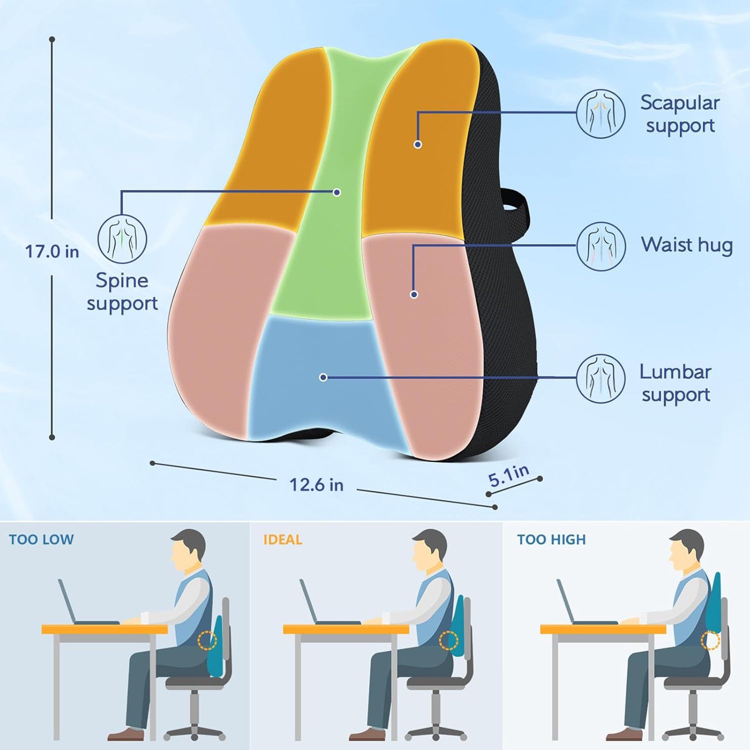 Lumbar Support Pillow For Office Chair and Car Seat, Memory Foam Back Cushion with Adjustable Strap for Back Pain Relief Bn-link