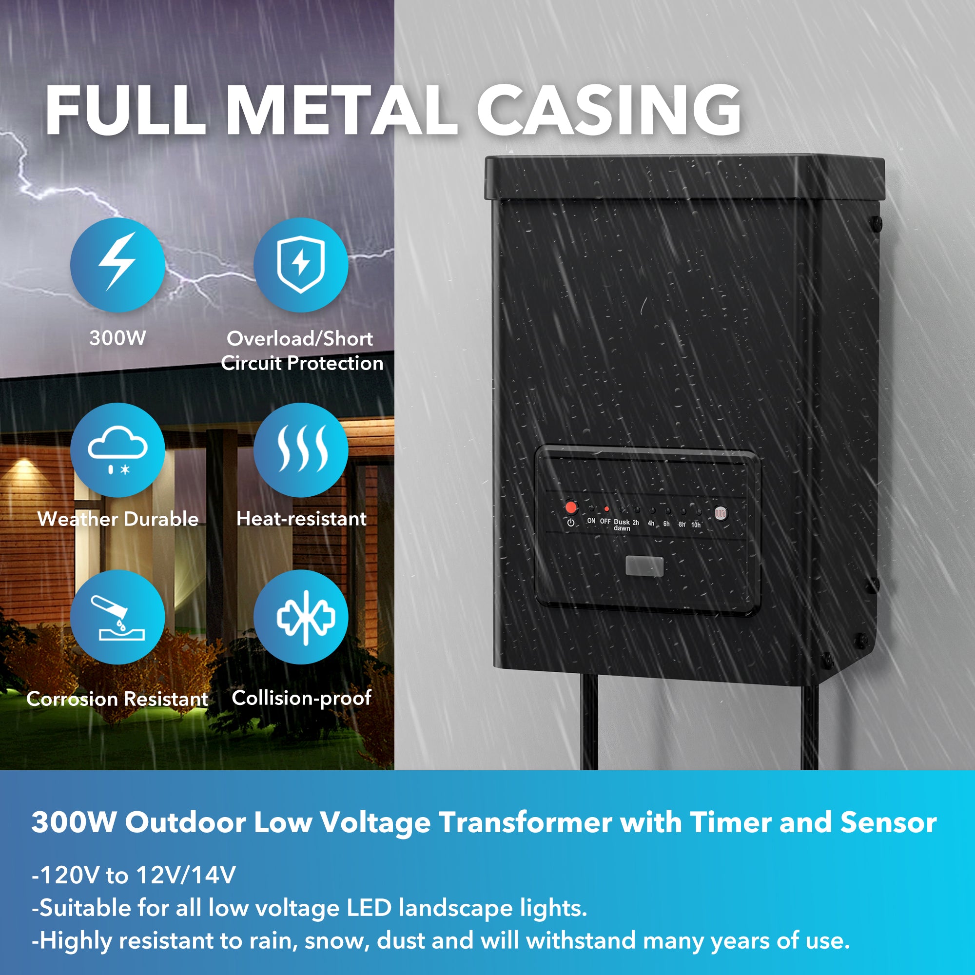 Bn-link 300W Weatherproof Outdoor Transformer for Low Voltage Landscape Lighting, with Timer and Photocell Sensor, 120V AC to 12V AC