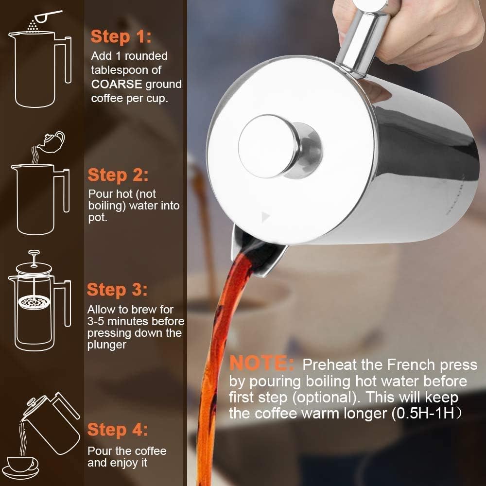 French Press Coffee Maker, 27oz/34oz Stainless Steel French Press Coffee Maker, 3 Filtration & Double Wall Insulation Bn-link