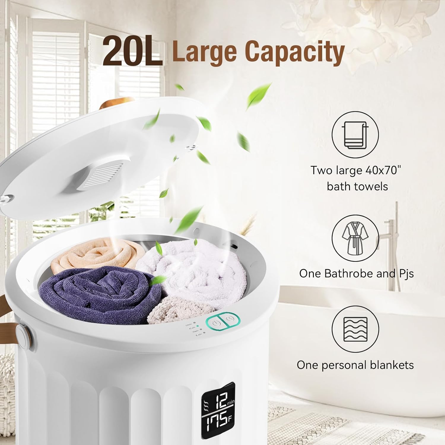 Tower Warmer, 20L Large Hot Towel Warmers Bucket with LED Display, Auto Shut Off, Child Lock, Heat Timer 15/30/45/60 Min Adjustable, for Hot Tub, Bathroom, Spa, White
