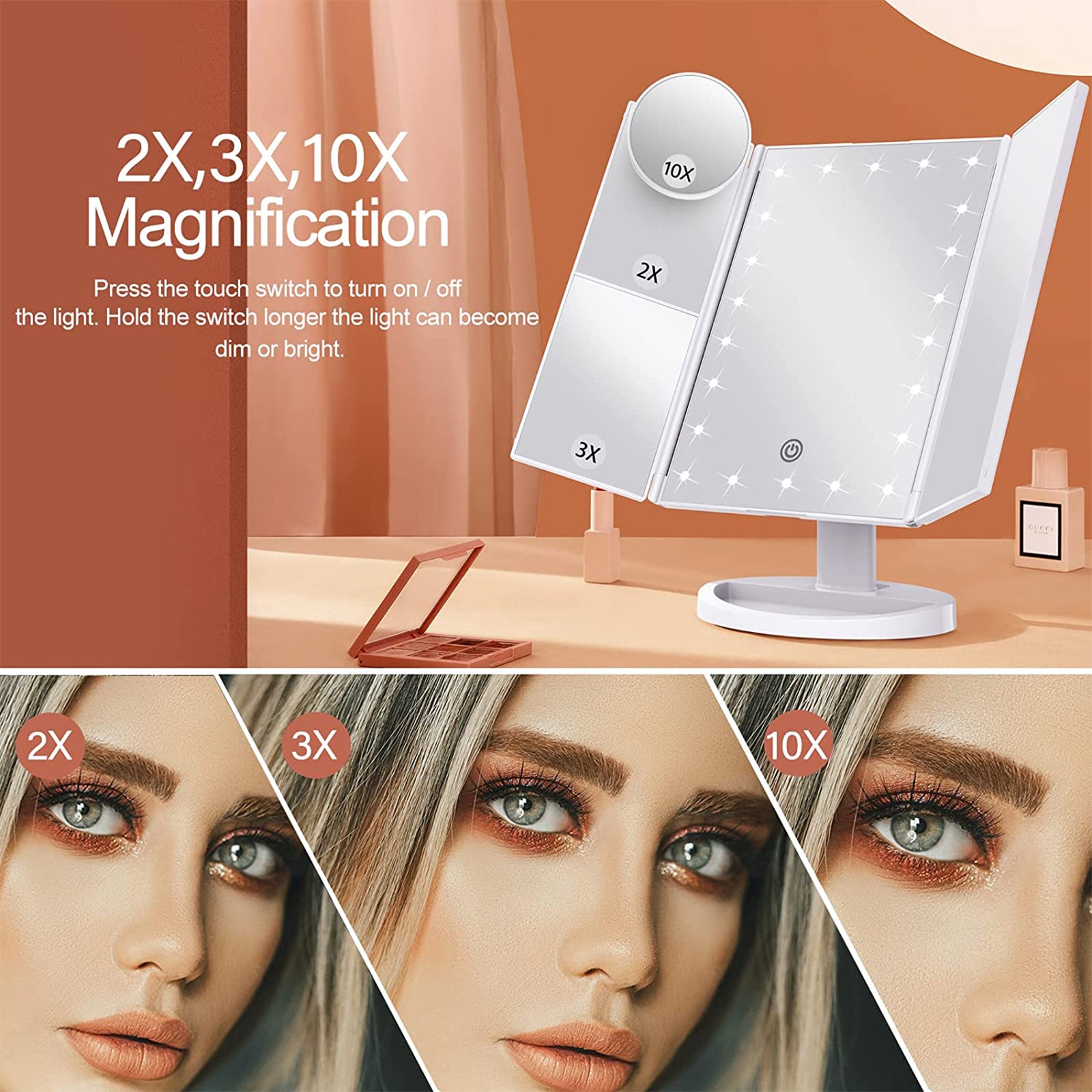 Led Lights 10x Magnifying Touch Control Makeup Mirror Bn-link