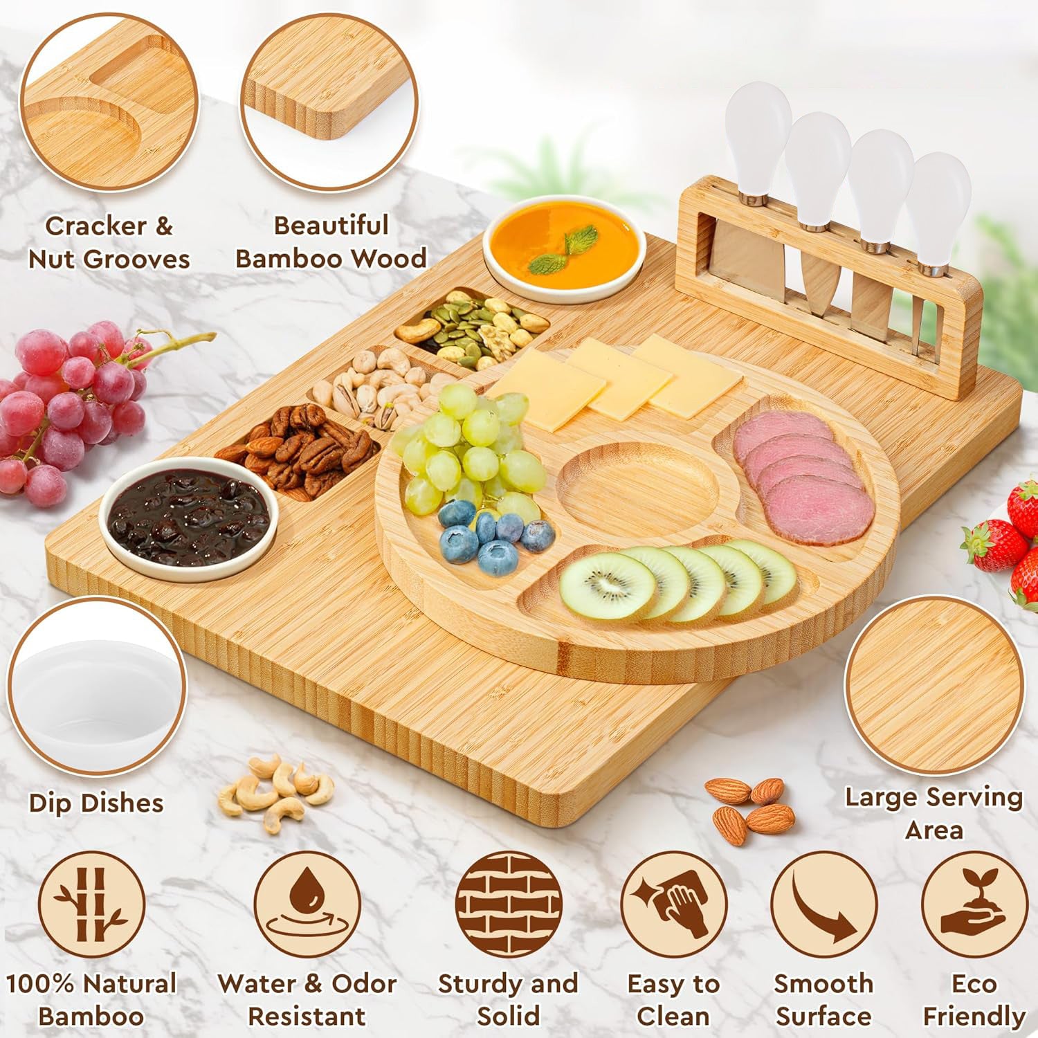 Charcuterie Board Set, Large Cheese Board Set with Accessories, Natural Bamboo Charcuterie Tray Cheese Platter, House Warming Gift & Wedding Gift Bn-link