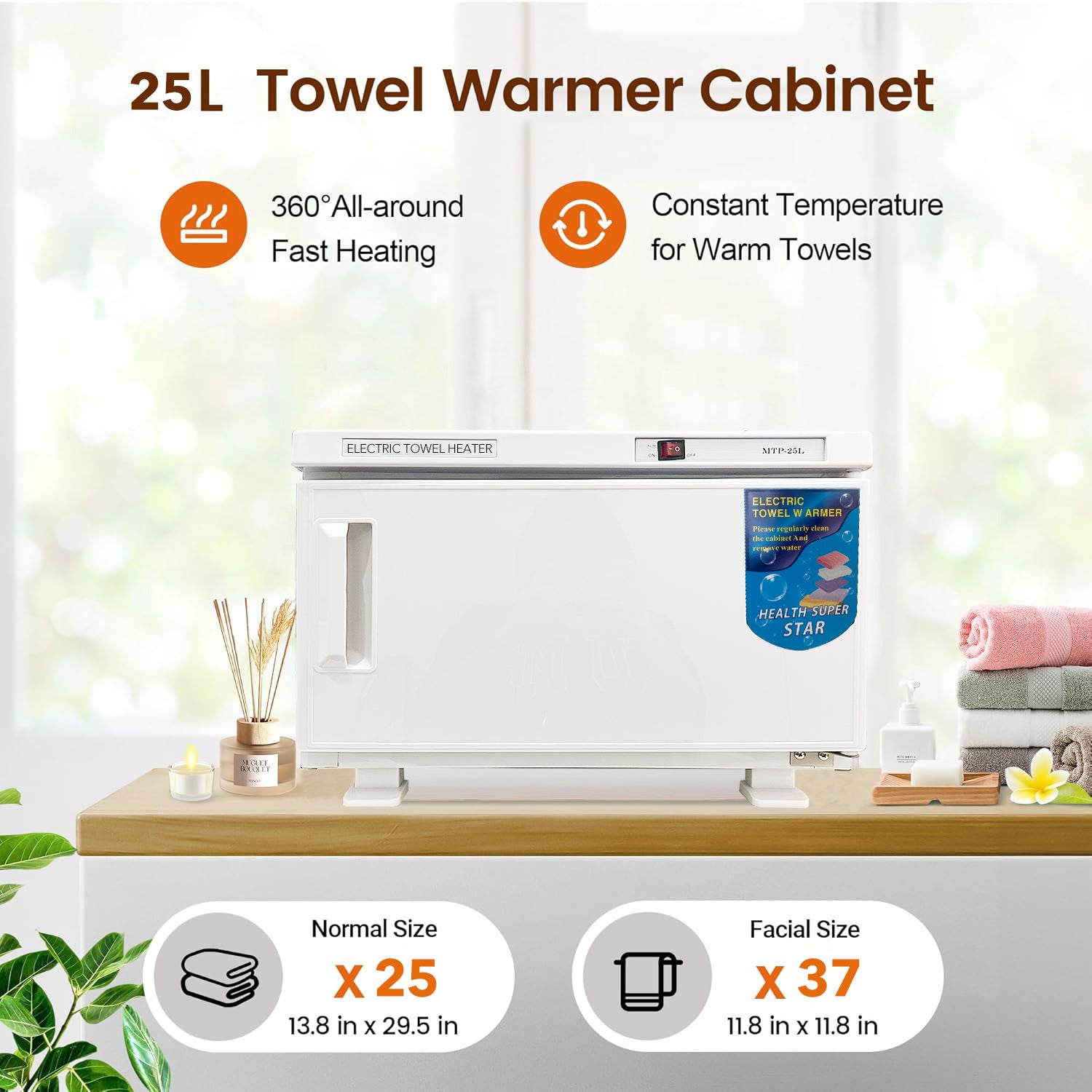 25L Towel Warmer, White Large Hot Bath Towel Warmer Cabinet with Stainless Steel Racks Bn-link