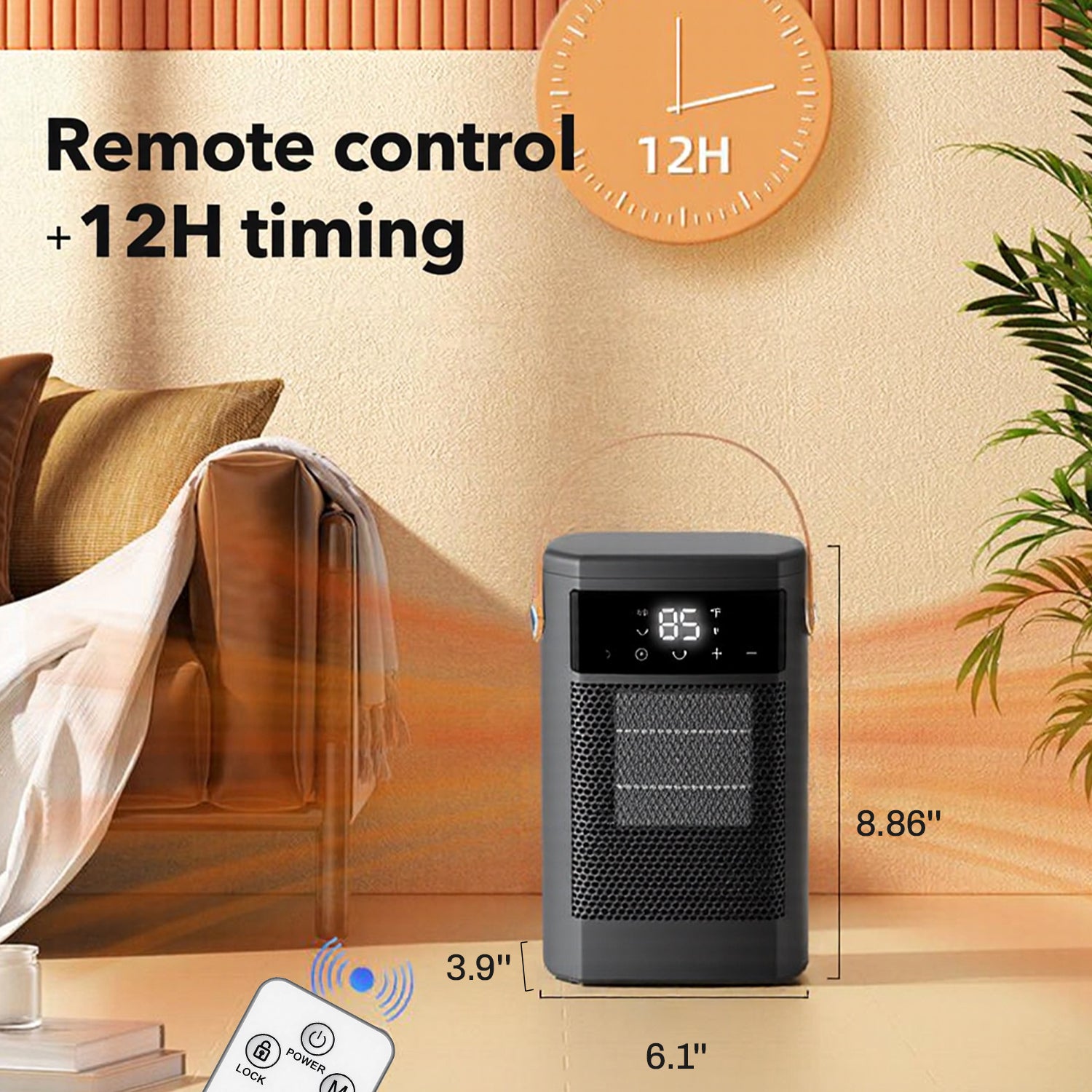 Oscillating Space Heater with Remote, 1500W Portable Electric Space Heater with Thermostat & Timer, Indoor Small Heater with Heating and Fan Modes for Bedroom, Office and Indoor Bn-link