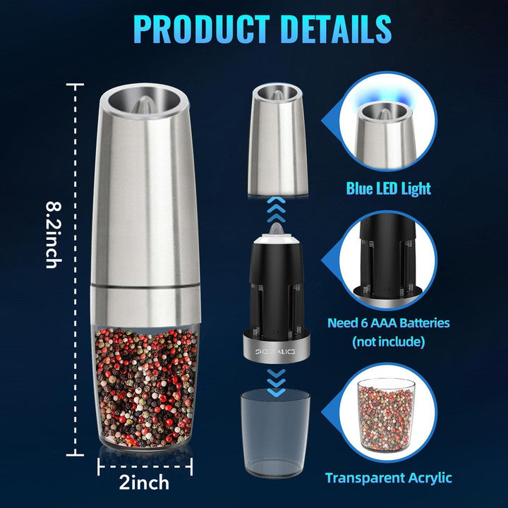 2 Pack Stainless steel Electric Salt and Pepper Grinder Set, Automatic Gravity Salt and Pepper Mill with Adjustable Coarseness, Battery Powered with LED Light Bn-link