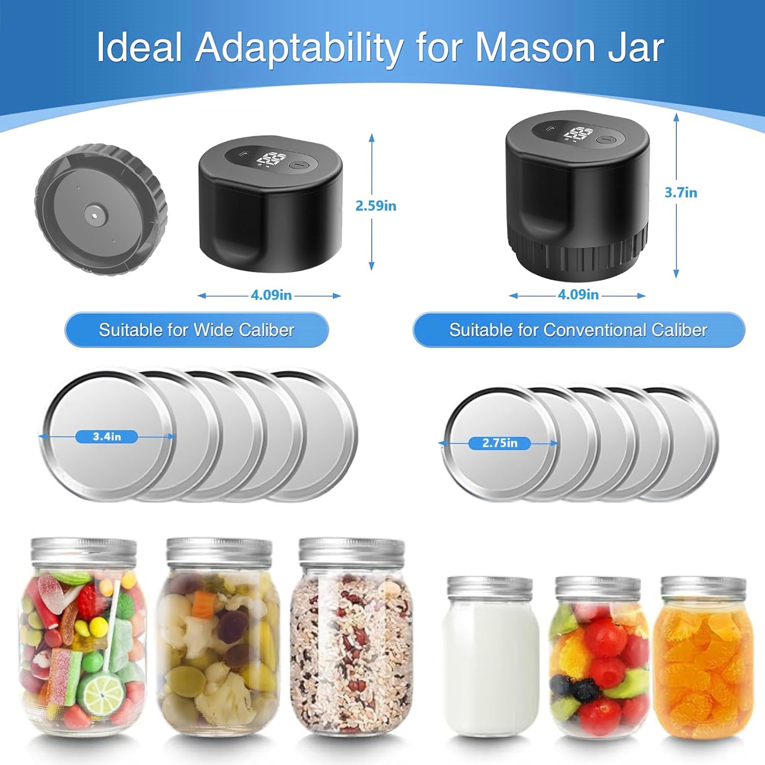 BN-LINK Electric Mason Jar Vacuum Sealer with 10 Pack Lids, Automatic Wide Mouth and Regular Mouth Mason Jar Sealer Kit, Jar Vacuum Sealer for Food Storage and Fermentation