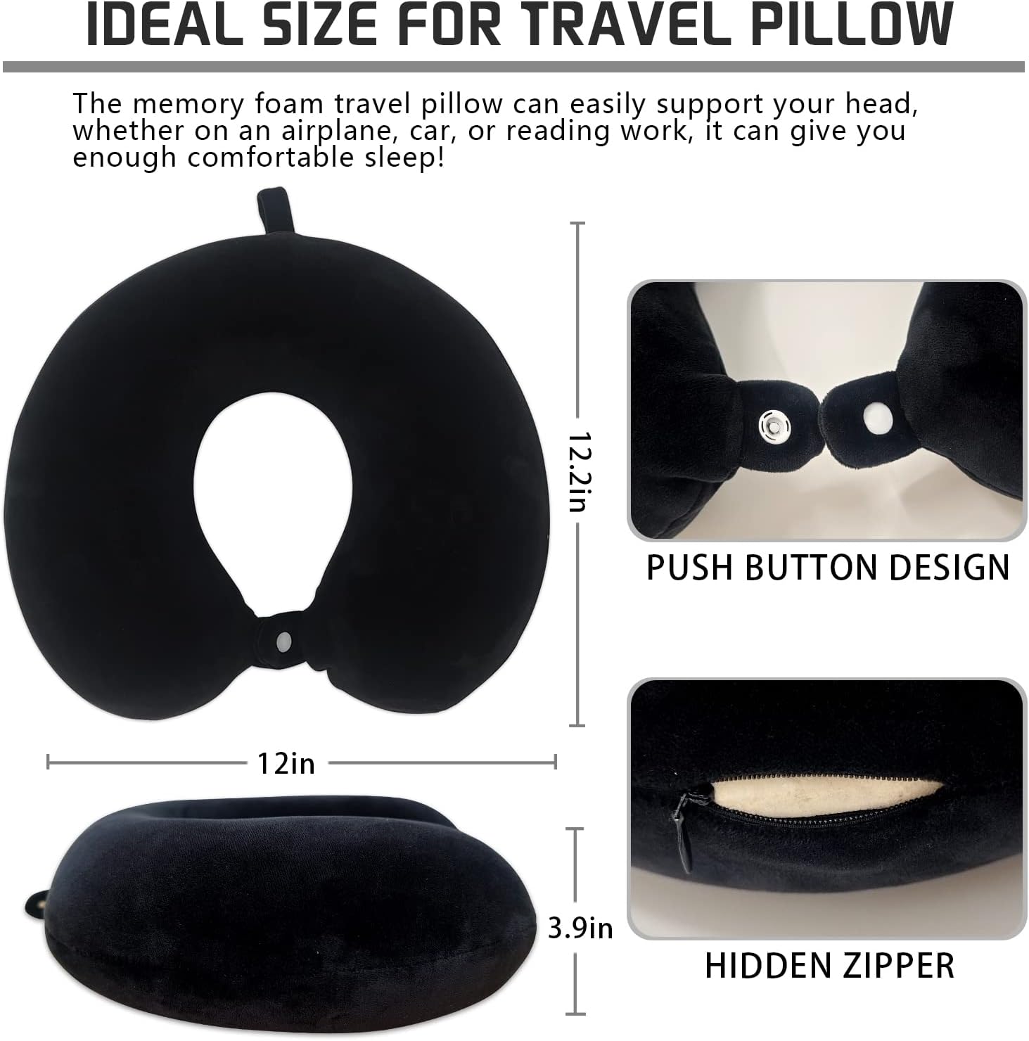 Memory Foam Travel Neck Pillow with Attachable Snap Strap Soft Washable Cover Bn-link - BN-LINK