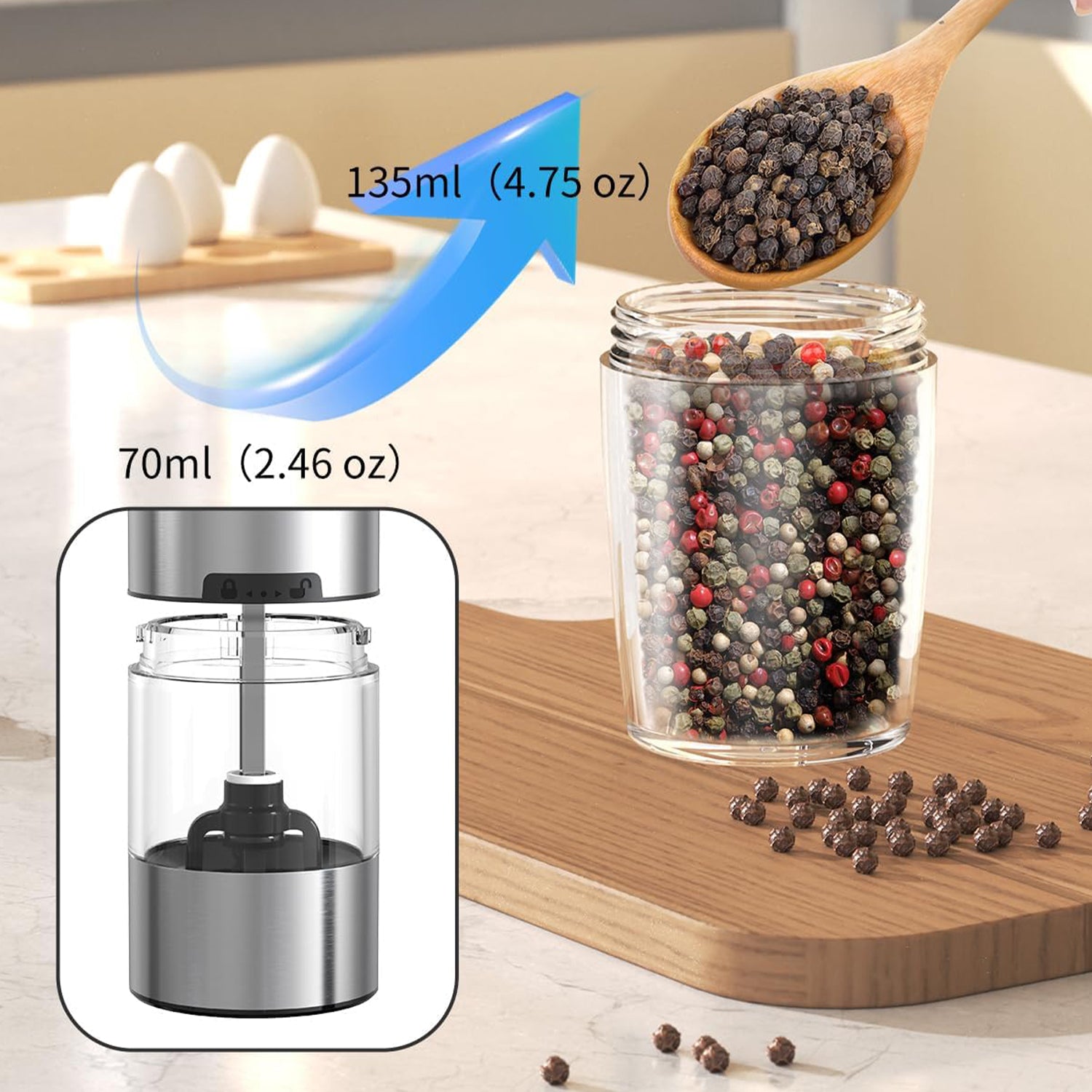 Gravity Electric Pepper and Salt Grinder Set, 2pack Battery Operated Automatic Pepper Mill Grinder with LED Light, Adjustable Coarseness, One Hand Automatic Operation Bn-link