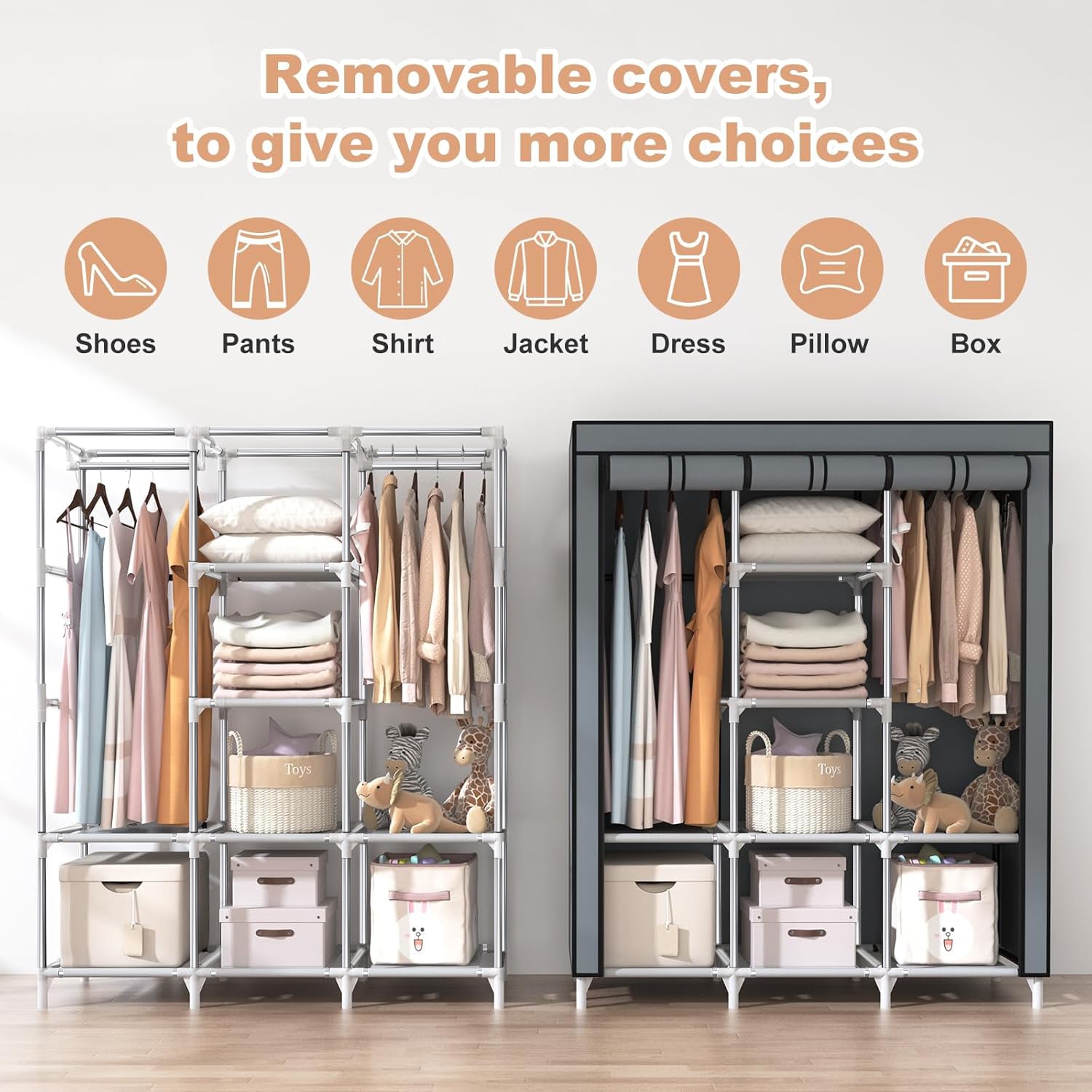 Portable Closet Wardrobe, Wardrobe Closet Organizer With Non-Woven Fabric Cover, 8 Compartments, Large Clothes Storage Organizer, 51.2x 17.7 x 67 Inches, Gray Bn-link