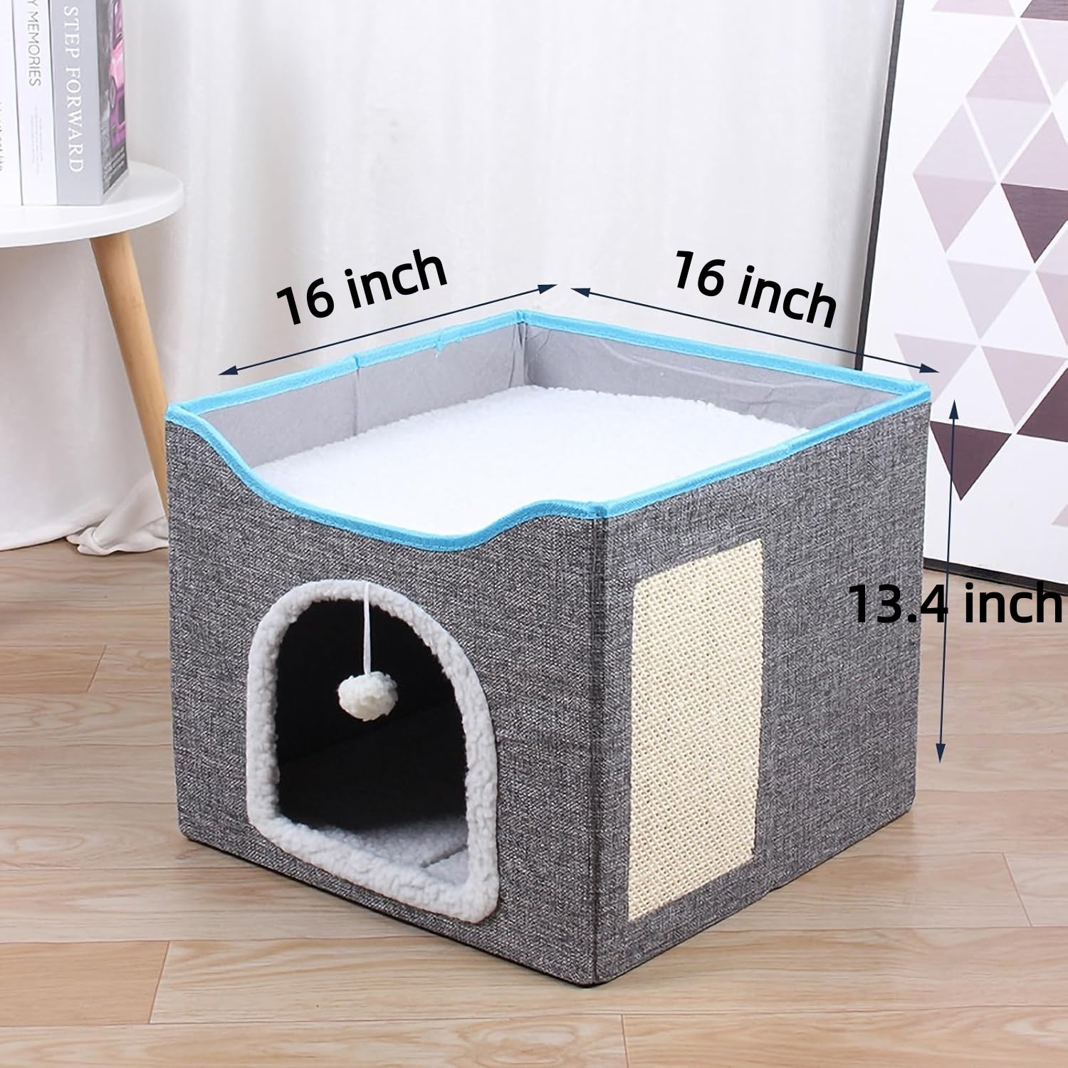 Cat Bed, Cat Cave with Fluffy Ball and Scratch Pad, Foldable Cat Condo Hideaway with Reversible Cushion for Multi Small Pet Bn-link