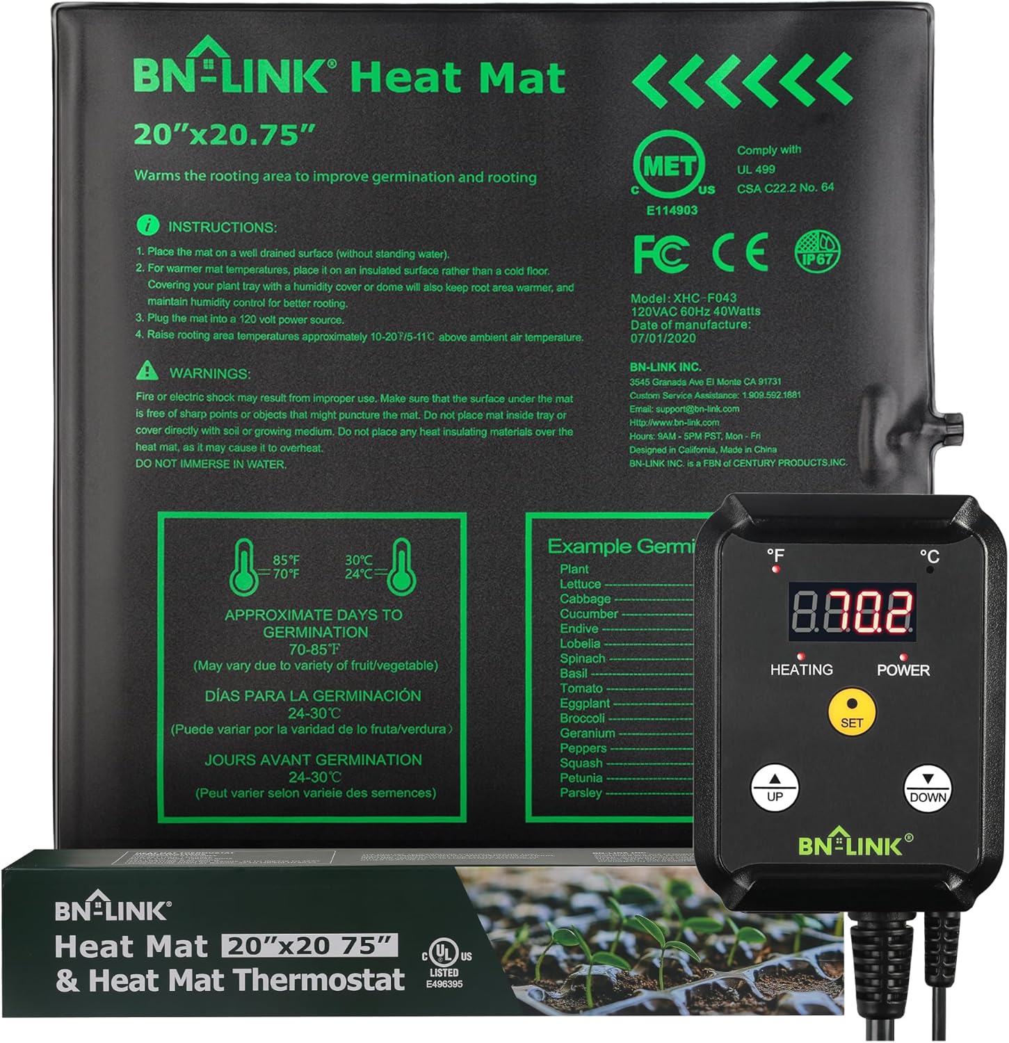 Seedling Heat Mat 20" x 20.75" with Heating Thermostat Outlet Controller BN-LINK - BN-LINK