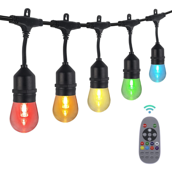 48ft Waterproof RGBW-Remote Controlled  15 LED Bulbs Shatterproof & Dimmable Outdoor String Lights HBN