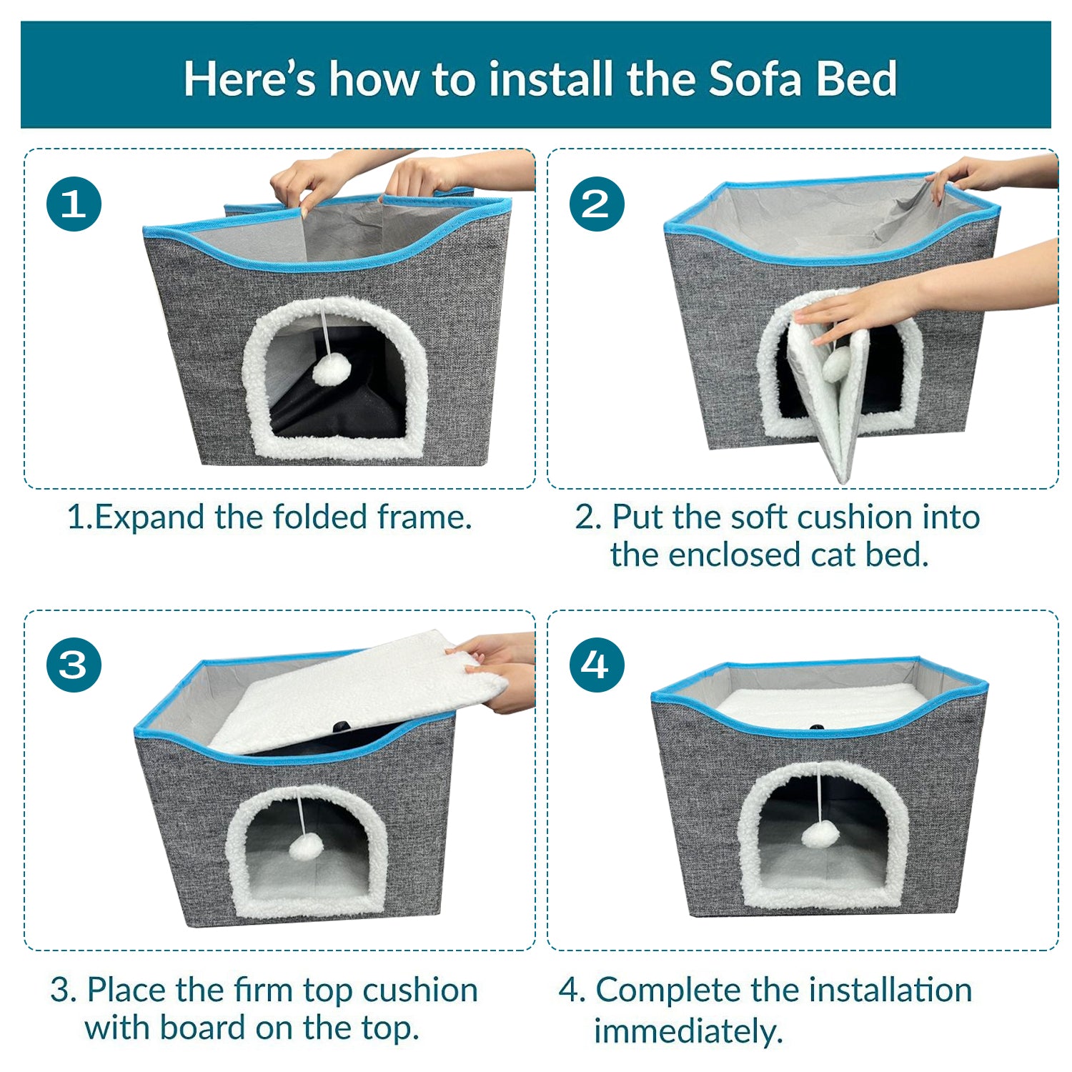 Cat Bed, Cat Cave with Fluffy Ball and Scratch Pad, Foldable Cat Condo Hideaway with Reversible Cushion for Multi Small Pet Bn-link