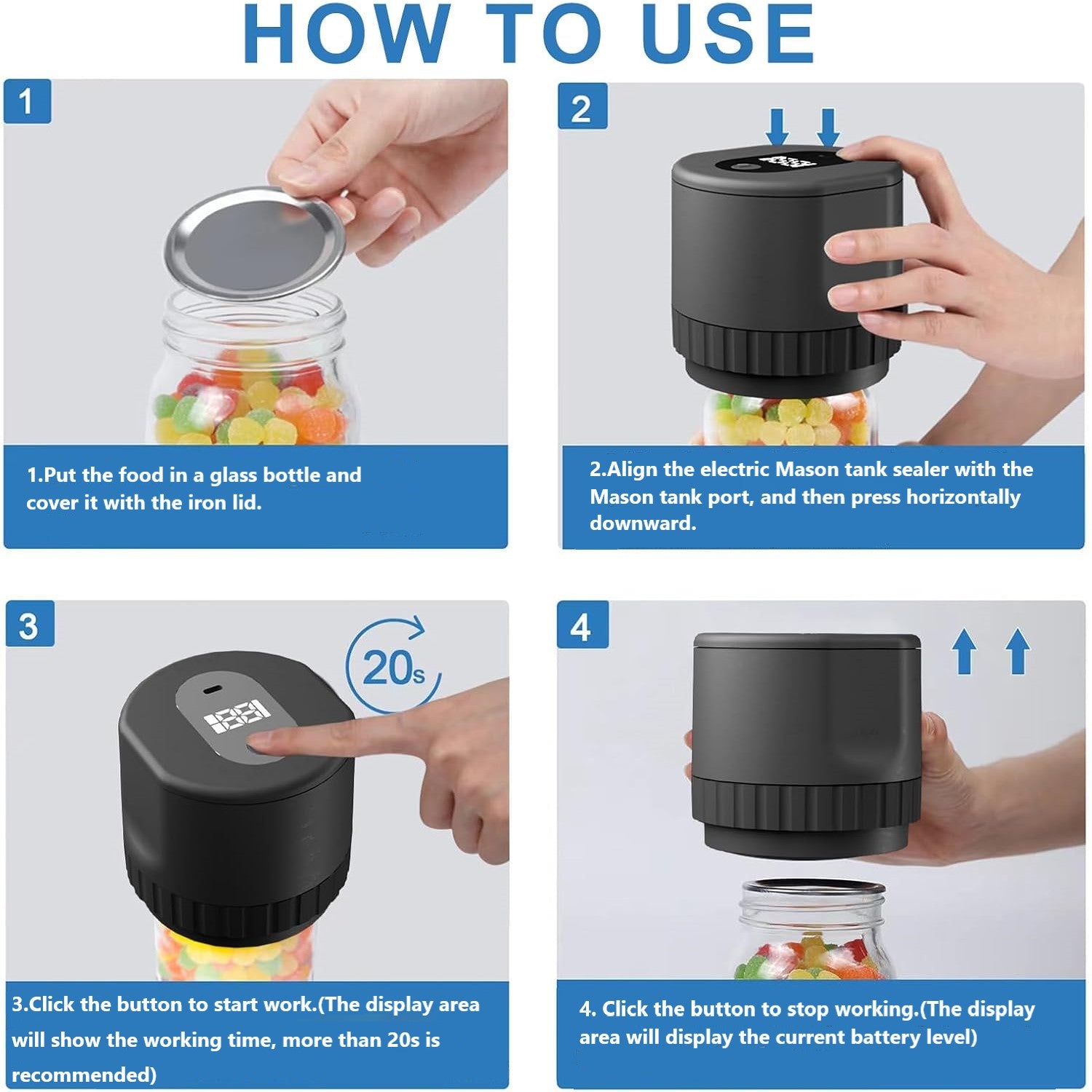 BN-LINK Electric Mason Jar Vacuum Sealer with 10 Pack Lids, Automatic Wide Mouth and Regular Mouth Mason Jar Sealer Kit, Jar Vacuum Sealer for Food Storage and Fermentation