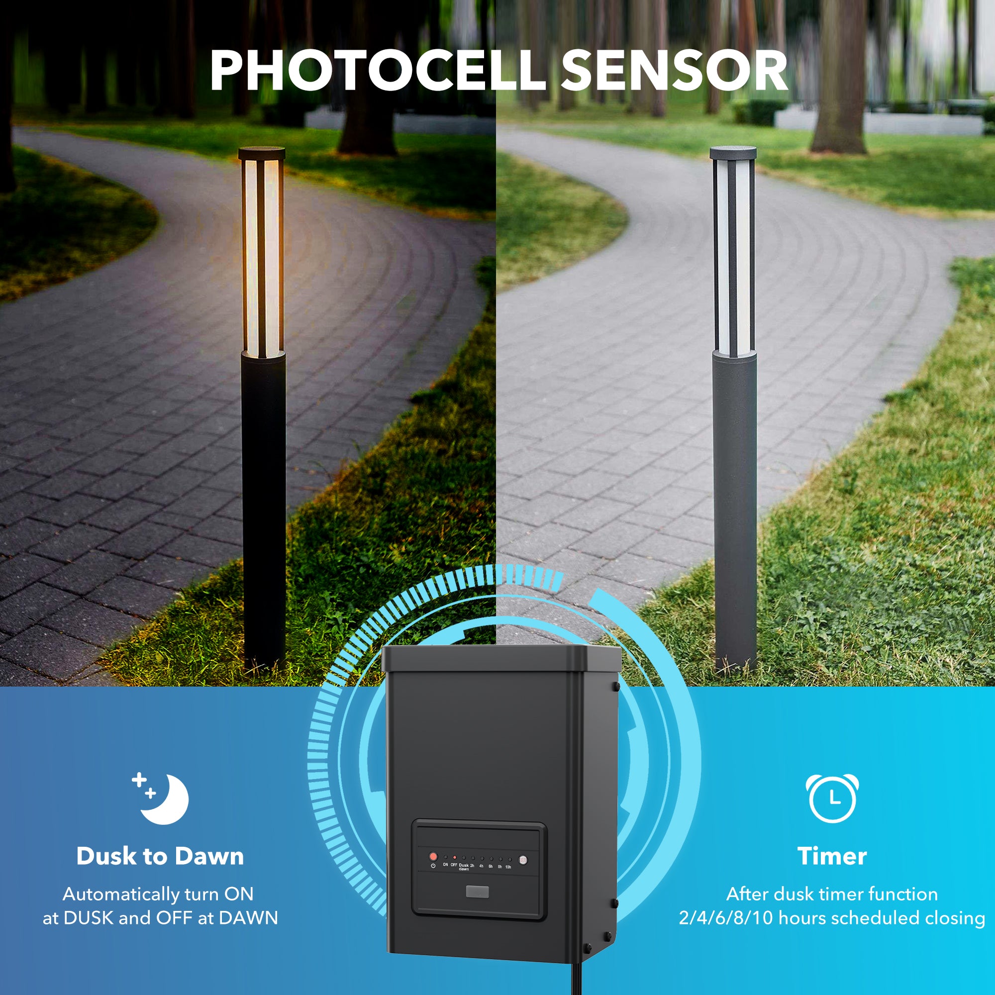 Bn-link 120W Weatherproof Outdoor Transformer for Low Voltage Landscape Lighting, with Timer and Photocell Sensor, 120V AC to 12V AC - BN-LINK
