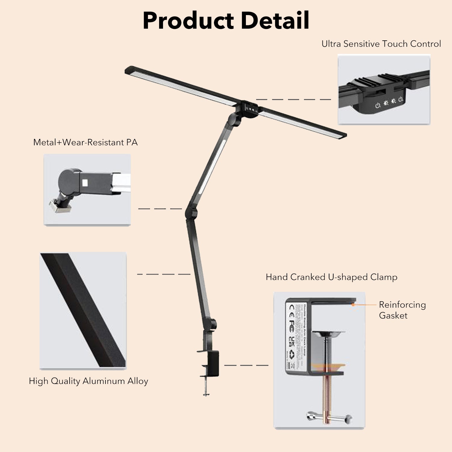 LED 3 Heads Desk Lamp With Remote Control, 360°Adjustable Tall Desk Lights With Clamp, 5 Brightness Modes & 4 Colors Bn-link