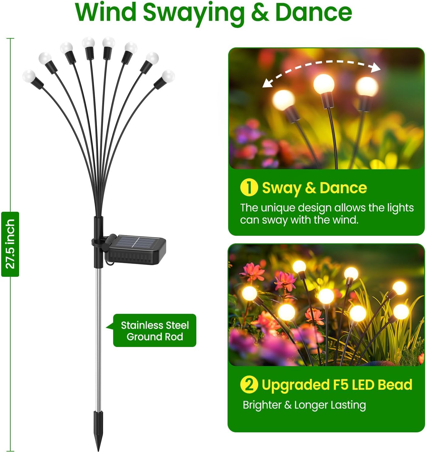 Warm White 2 Pack/4 Pack Solar Garden Lights, Auto On/Off 16 LED Solar Swaying Lights Outdoor Waterproof, Firefly Light for Outside Yard Pathway Landscape Decorations Bn-link